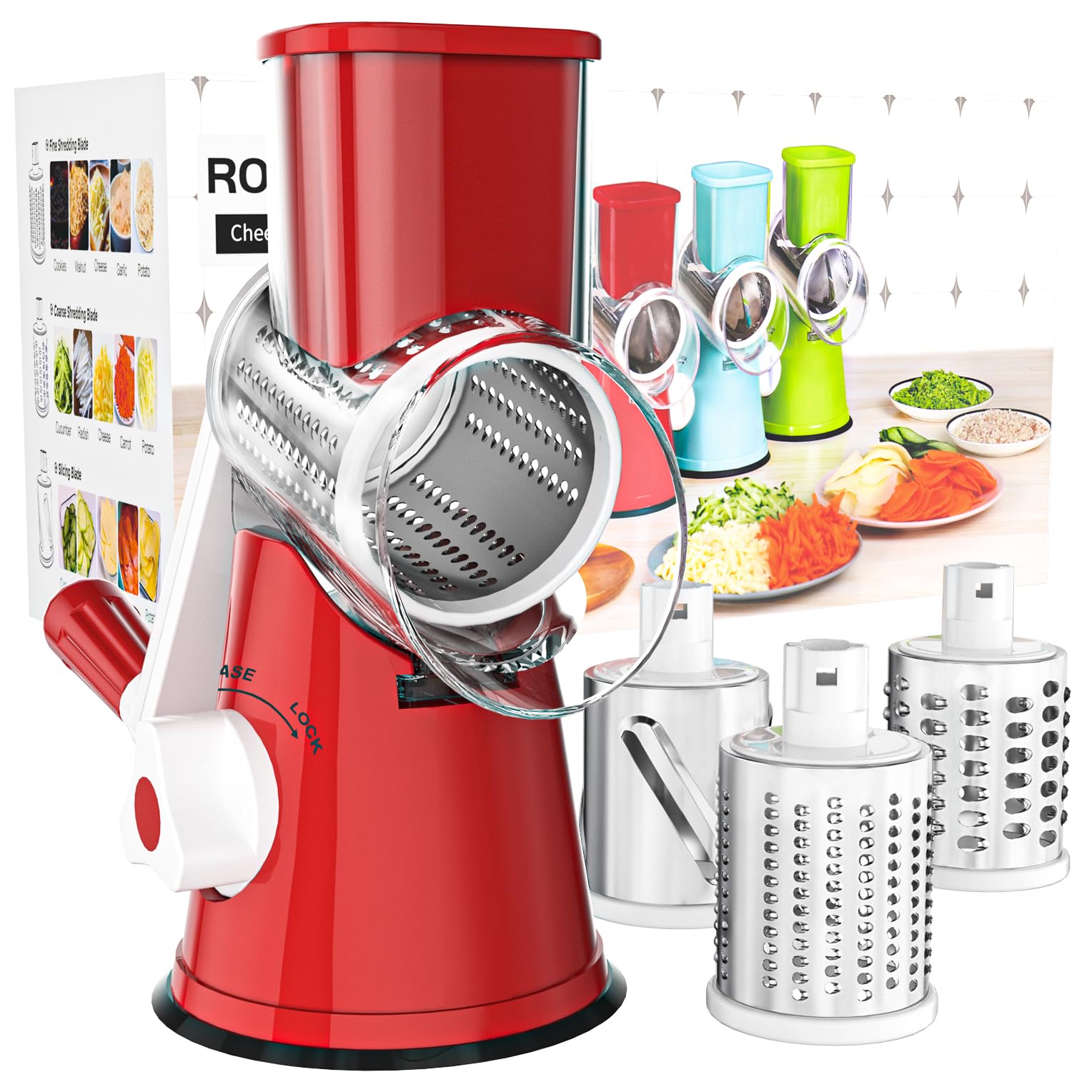 Cambom Rotary Cheese Grater Hand Crank Cheese Shredder for Fresh Cheese, Vegetable, Nuts,Non-slip Suction Base, Three Blades, Black