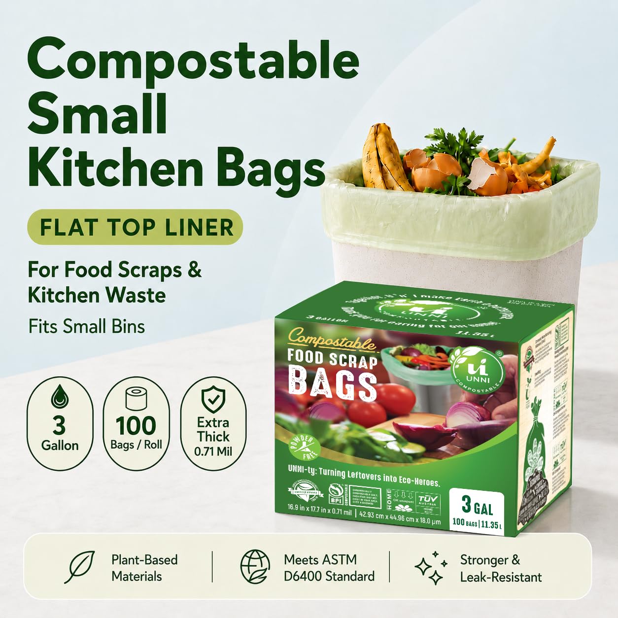 UNNI Compostable Trash Bags, 2.6 Gallon / 9.84 Liter, 100 Count, Extra Thick 0.71 Mil Small Kitchen Food Scrap Bin Liners, Certified by BPI, CMA & OK compost HOME, Meets the ASTM D6400 Standard