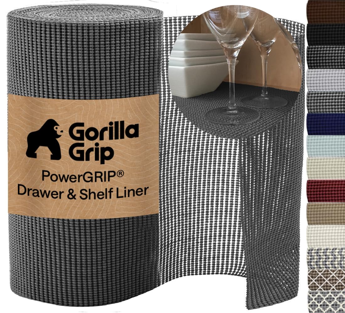 GORILLA GRIP powerGRIP Drawer Shelf and Cabinet Liner, Thick Strong Hold, Non-Adhesive Liners Protect Kitchen Cabinets and Cupboard, Bathroom Drawers, Easy Install Mat, 12" x20', Beige