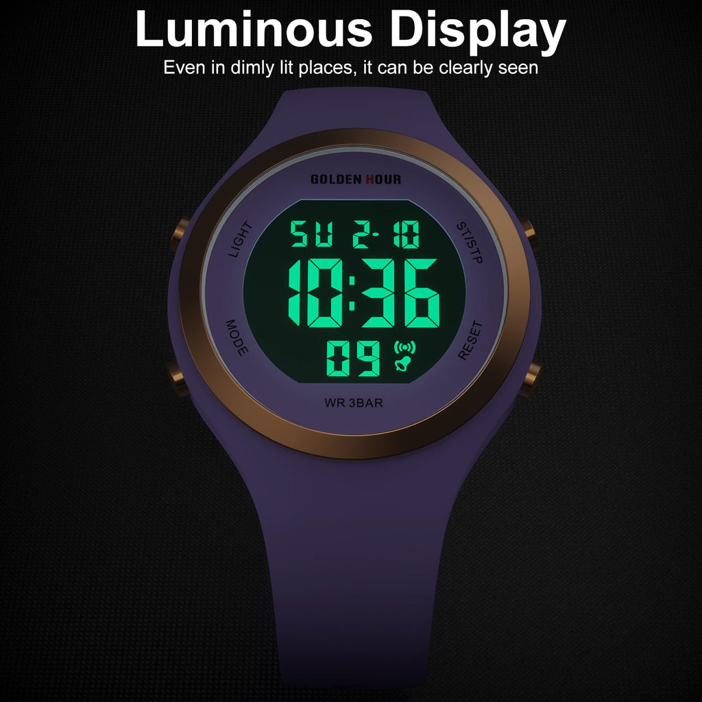 GOLDEN HOUR Waterproof Sport Women's Digital Chronograph Silicone Strap Watch