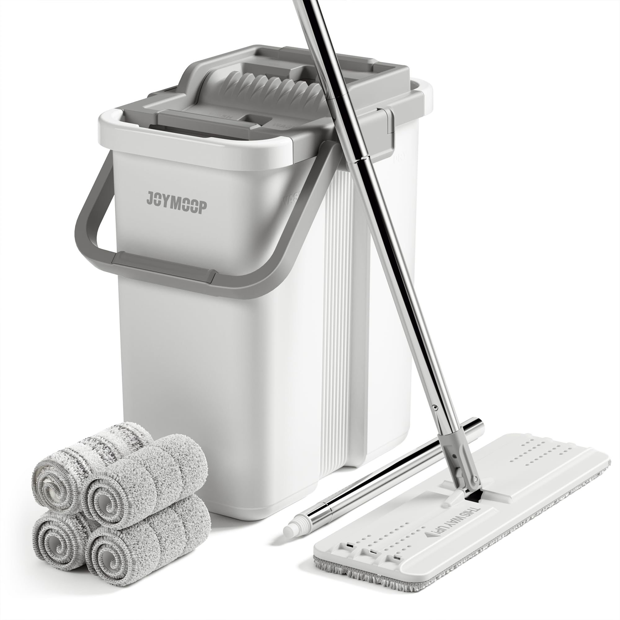 JOYMOOP Mop and Bucket Set, Hands-Free Flat Floor Mop with 3 Washable Microfiber Pads, Wet and Dry Use, Ideal for Home and Commercial Floor Cleaning