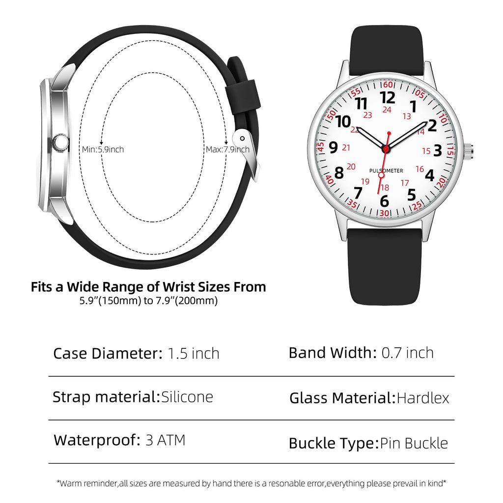 TWOPTION Nurse Watch for Women Waterproof Analog Silicone Watch with Second Hand Nursing Watch