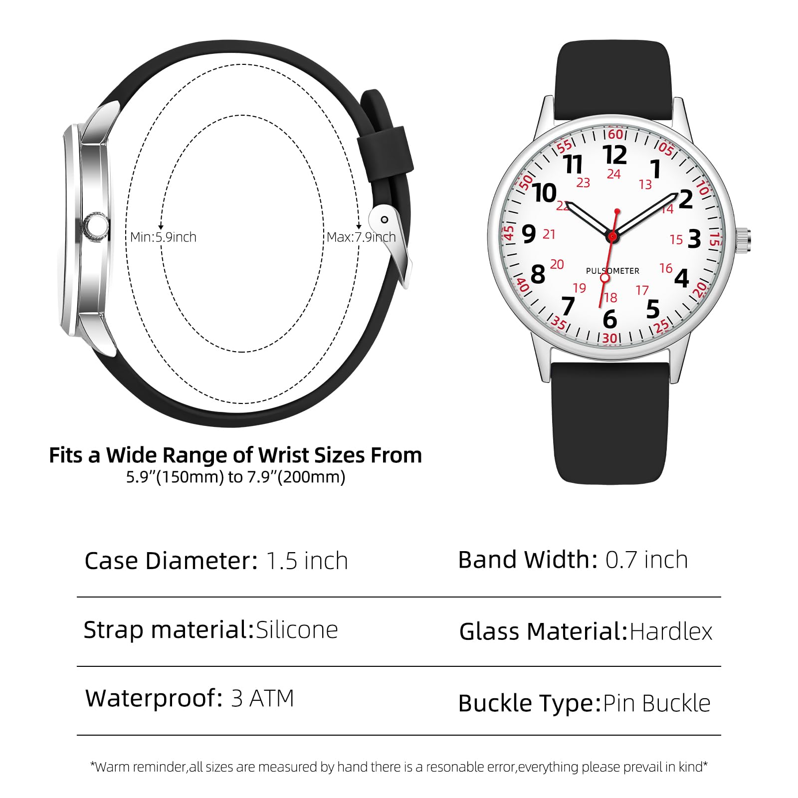 TWOPTION Nurse Watch for Women Waterproof Analog Silicone Watch with Second Hand Nursing Watch