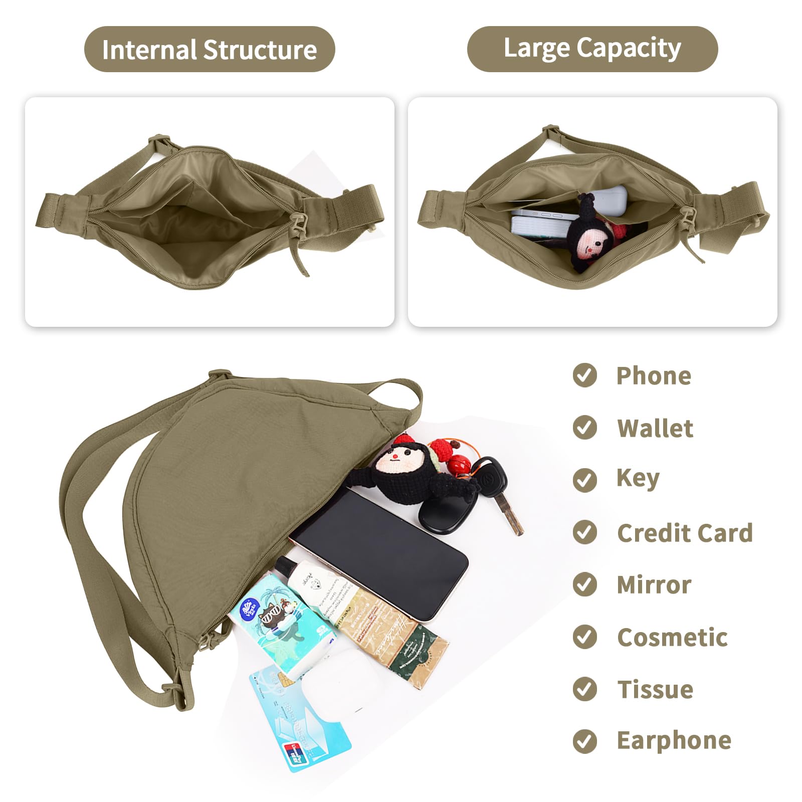 Nylon Crescent Crossbody Bag for Women Purses Trendy Men,Small Travel Sling Bag Hobo