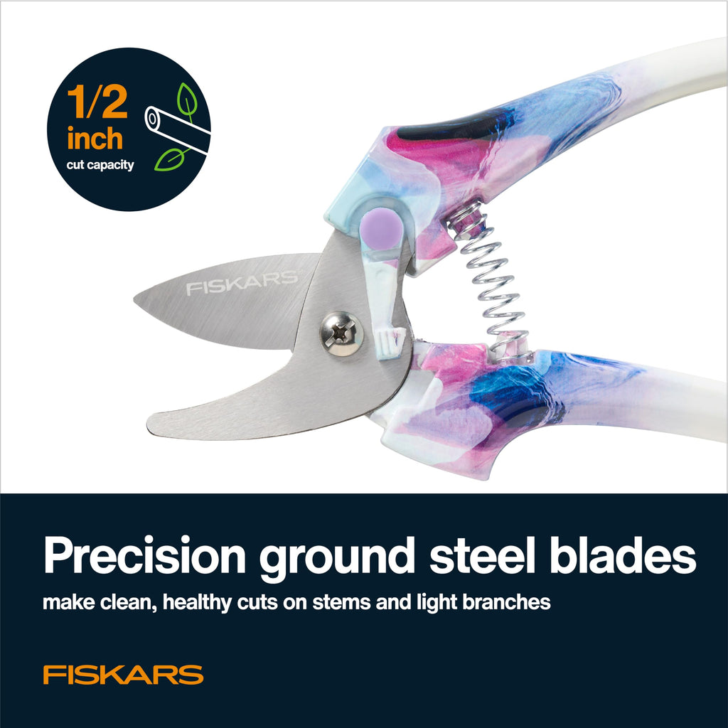 Fiskars Bypass Pruning Shears, 5/8" Cut Capacity Gardening Scissors, Self-Cleaning Sap Groove Prevents Sticking, Non-Slip Grip for Cutting Stems & Branches, Sharp Steel Blades w/ Low-Friction Coating
