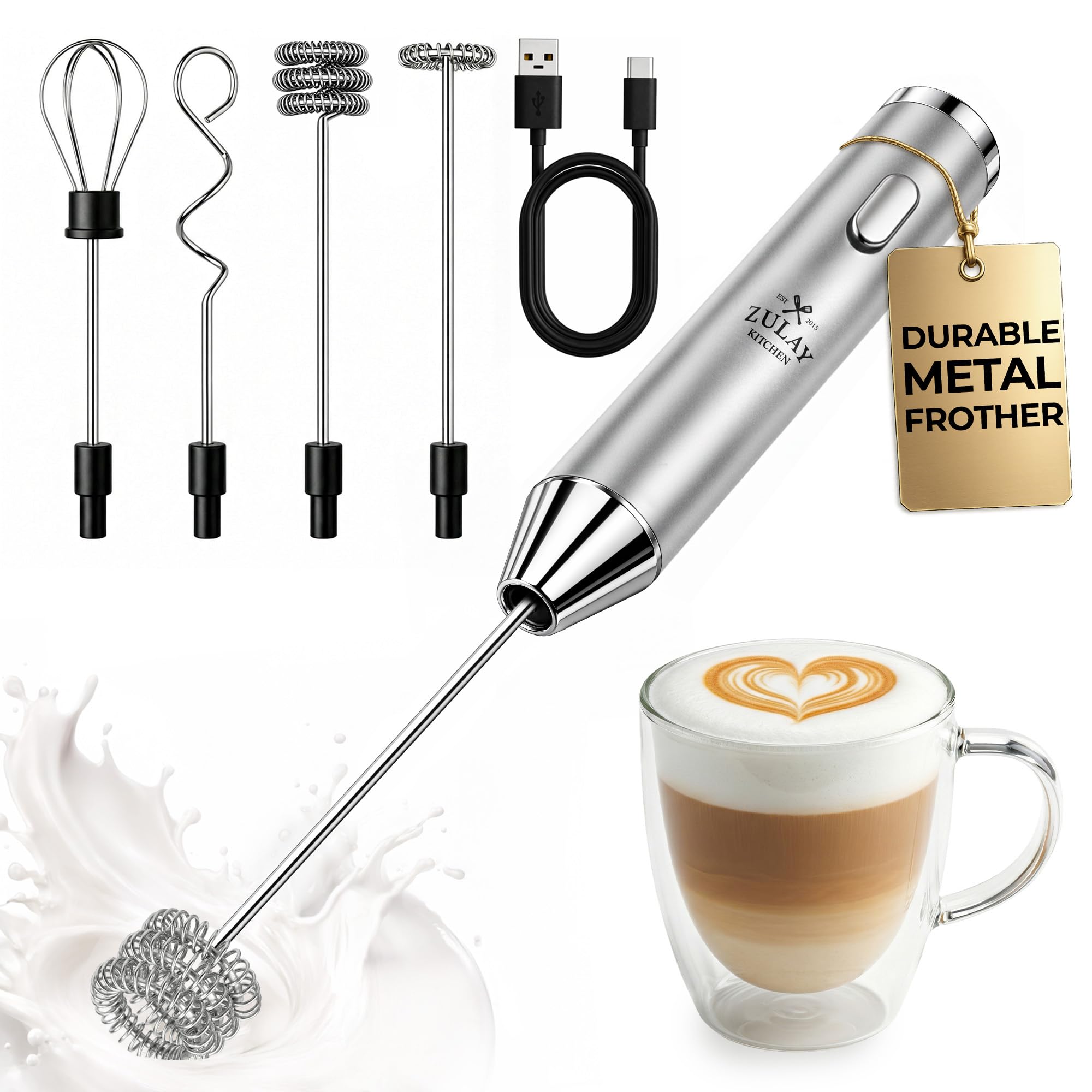 Zulay Kitchen Powerful Milk Frother Wand With Duracell Batteries - Ultra Fast Handheld Drink Mixer - Electric Whisk Foam Maker for Coffee, Lattes, Cappuccino & Matcha - Z1 Motor - Black