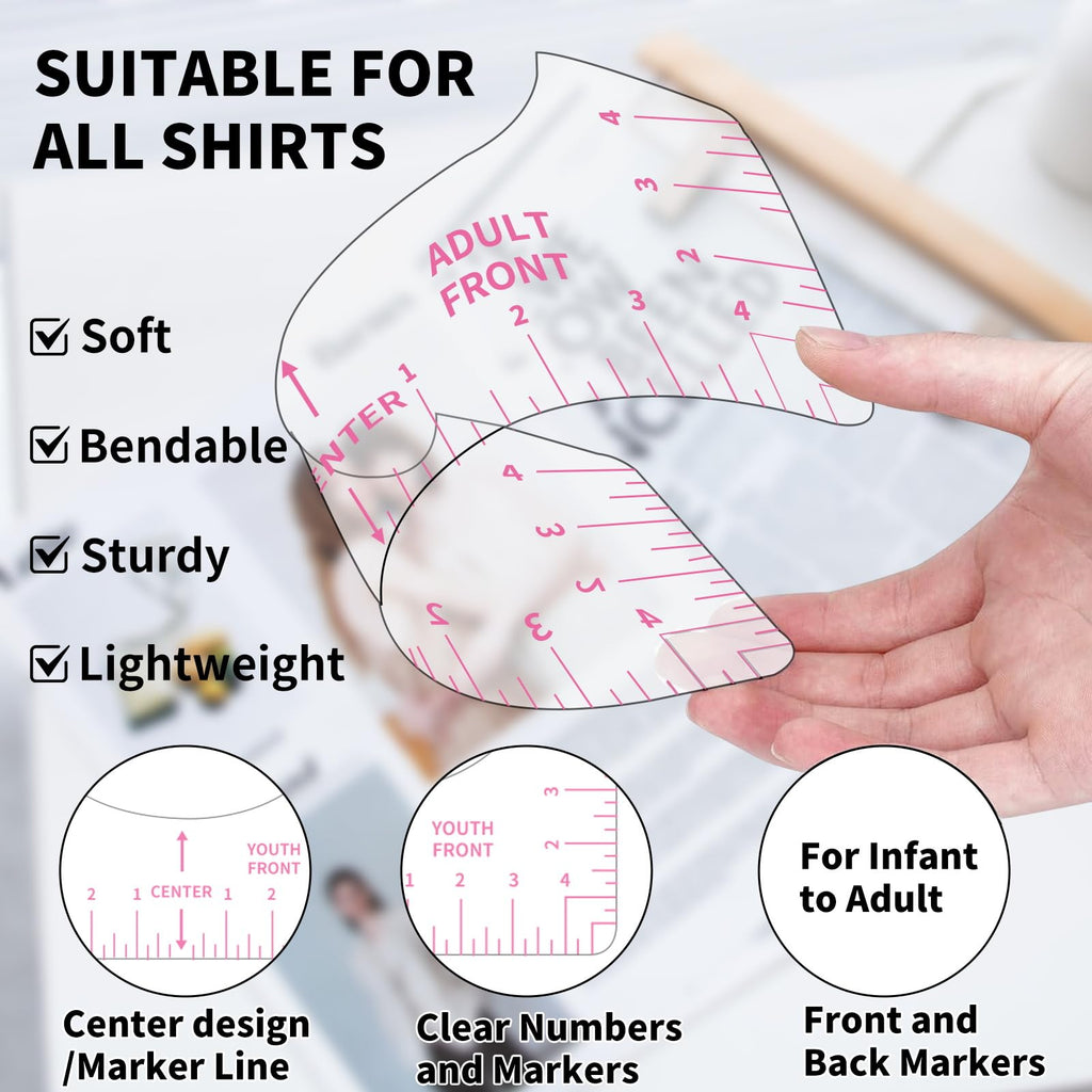 9Pcs Tshirt-Ruler Guide to Center Vinyl, Transparent V-Neck/Round PVC Ruler for Alignment, Heat Press, Children Youth Adult, Front and Back Measurement (10in)