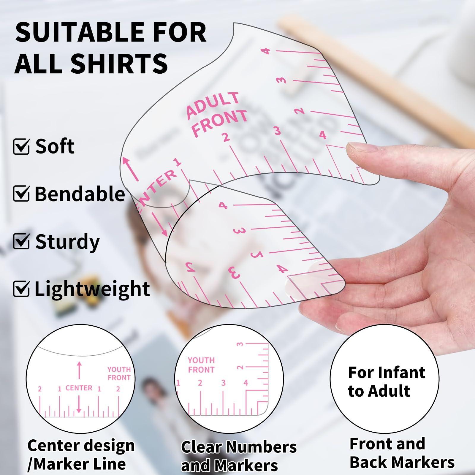 9Pcs Tshirt-Ruler Guide to Center Vinyl, Transparent V-Neck/Round PVC Ruler for Alignment, Heat Press, Children Youth Adult, Front and Back Measurement (10in)