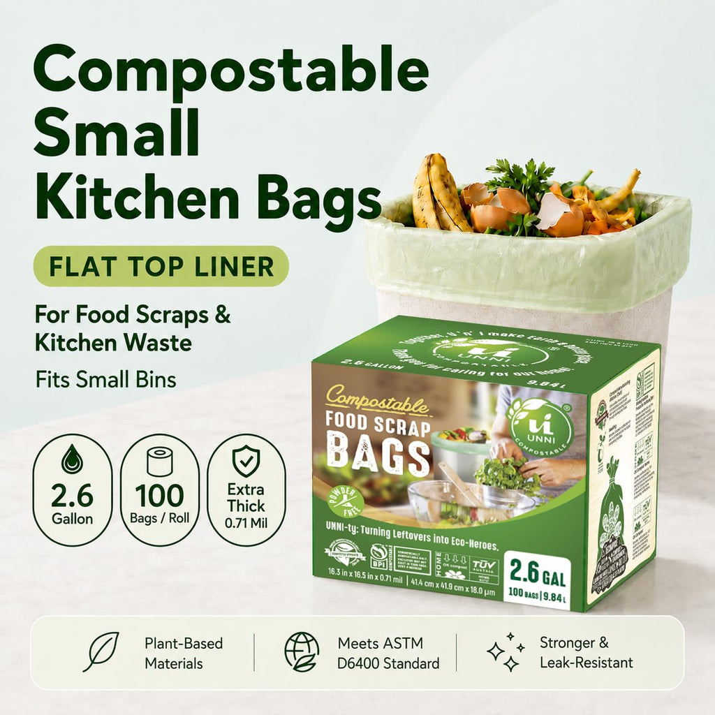 UNNI Compostable Trash Bags, 2.6 Gallon / 9.84 Liter, 100 Count, Extra Thick 0.71 Mil Small Kitchen Food Scrap Bin Liners, Certified by BPI, CMA & OK compost HOME, Meets the ASTM D6400 Standard