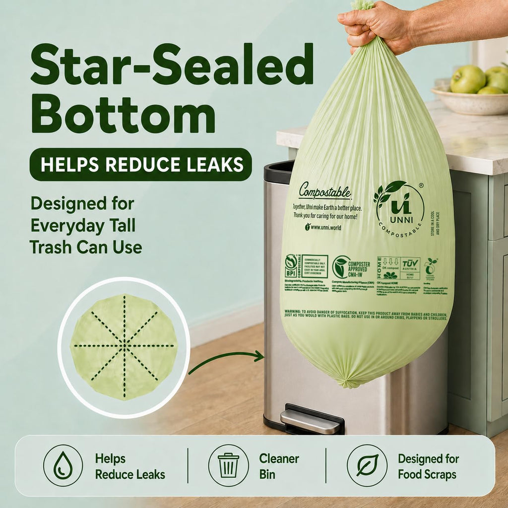 UNNI Compostable Trash Bags, 2.6 Gallon / 9.84 Liter, 100 Count, Extra Thick 0.71 Mil Small Kitchen Food Scrap Bin Liners, Certified by BPI, CMA & OK compost HOME, Meets the ASTM D6400 Standard