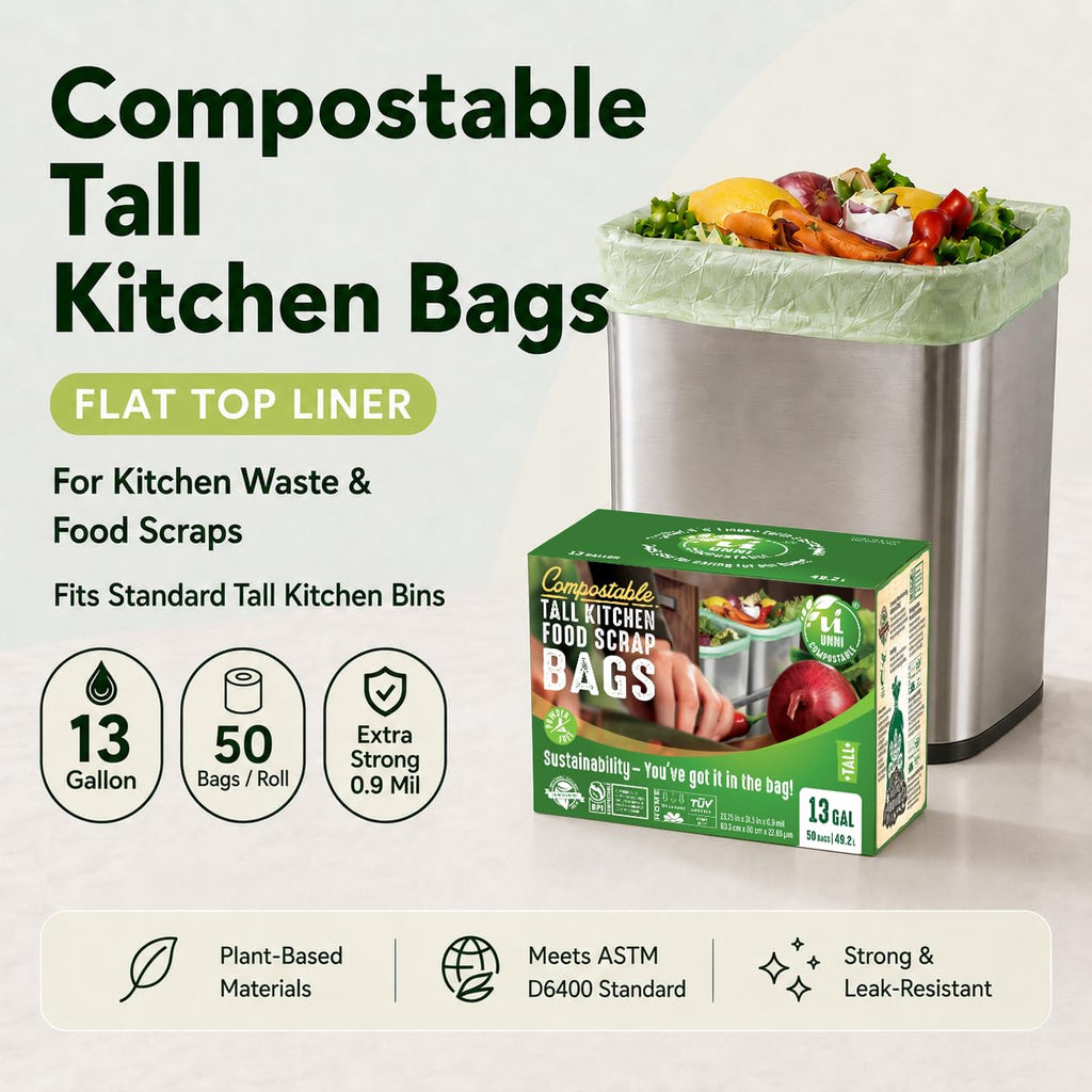 UNNI Compostable Trash Bags, 2.6 Gallon / 9.84 Liter, 100 Count, Extra Thick 0.71 Mil Small Kitchen Food Scrap Bin Liners, Certified by BPI, CMA & OK compost HOME, Meets the ASTM D6400 Standard