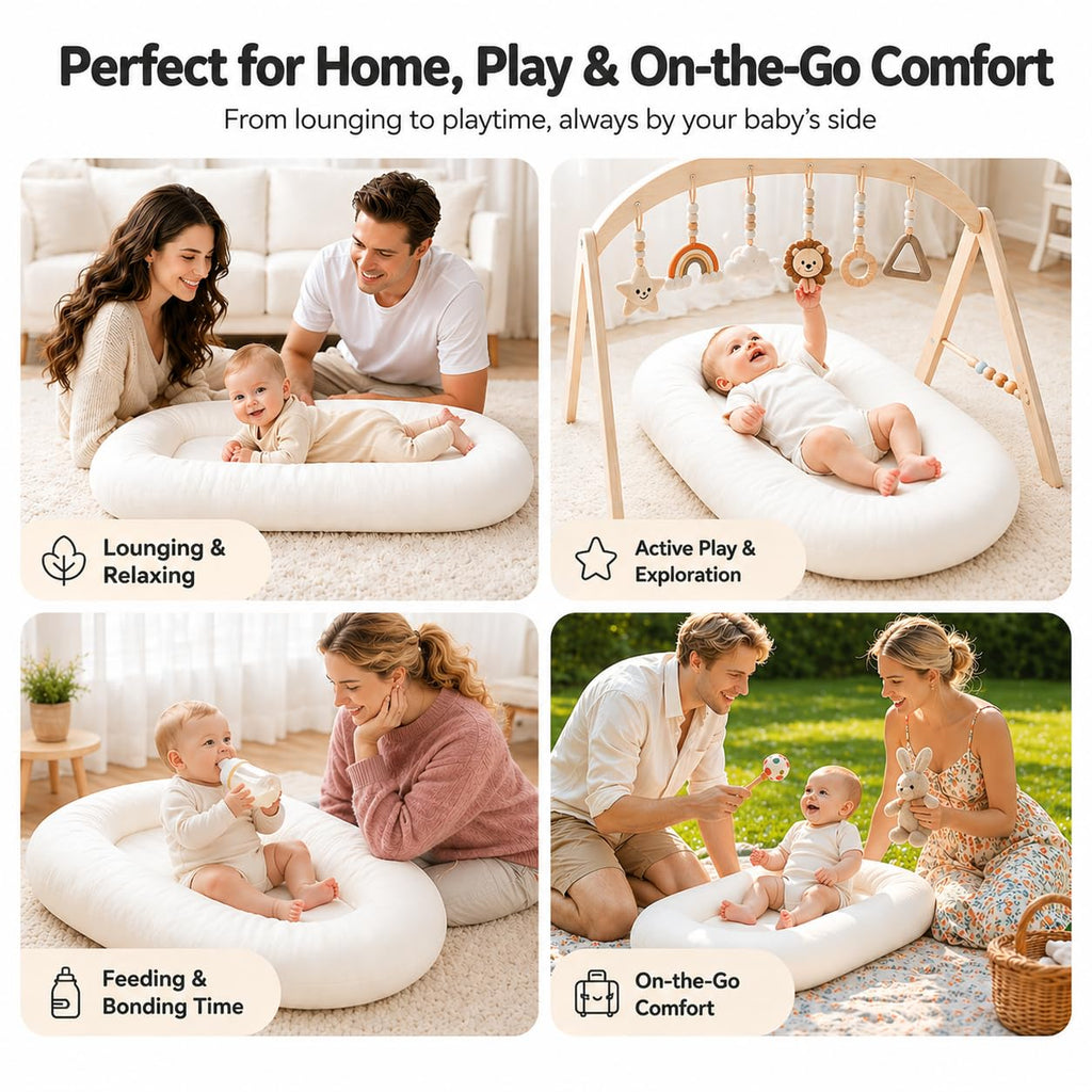 Baby Lounger for Newborns 0-24 Months - Baby Essentials | Soft Breathable Cotton Infant Support Cushion for Tummy Time & Play, Portable Infant Lounger - Cloud White (Cover Included)