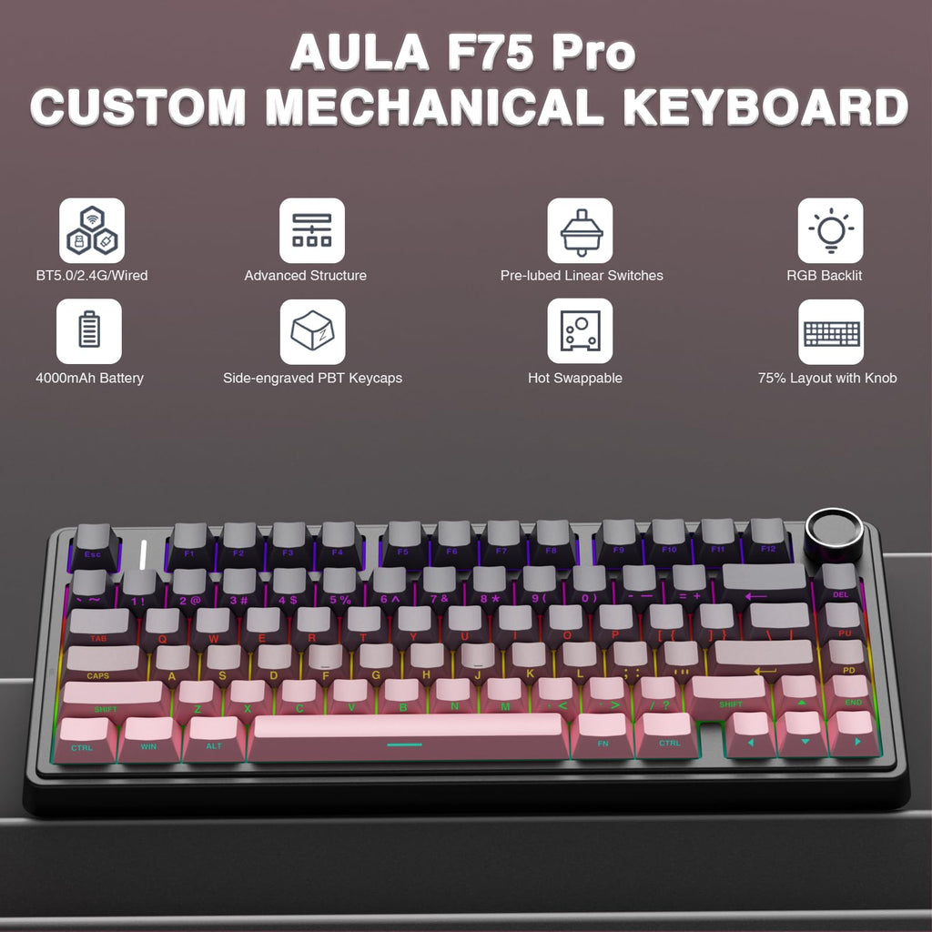 AULA F75 Pro Wireless Mechanical Keyboard,75% Hot Swappable Custom Keyboard with Knob,RGB Backlit,Pre-lubed Reaper Switches,Side Printed PBT Keycaps,2.4GHz/USB-C/BT5.0 Mechanical Gaming Keyboards