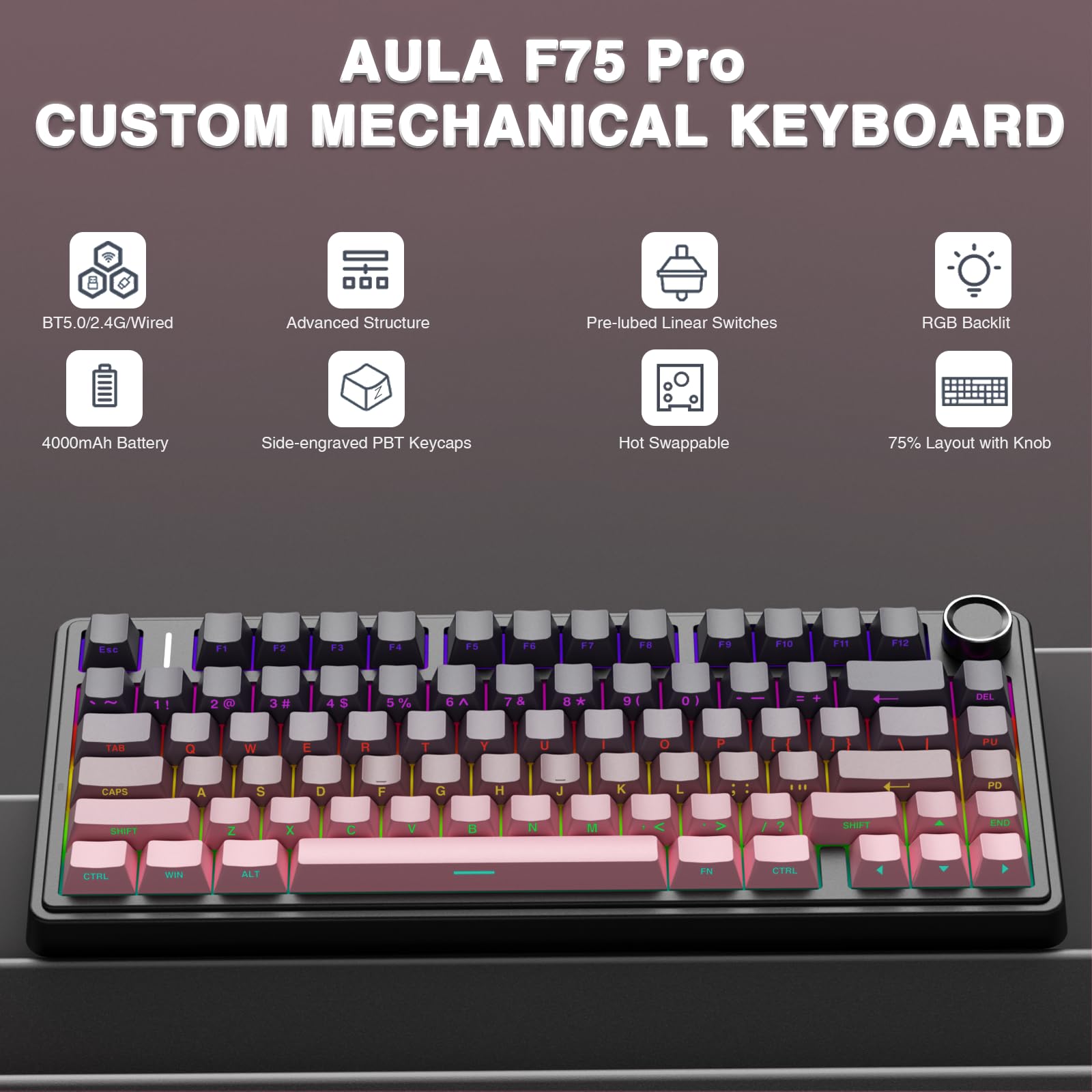 AULA F75 Pro Wireless Mechanical Keyboard,75% Hot Swappable Custom Keyboard with Knob,RGB Backlit,Pre-lubed Reaper Switches,Side Printed PBT Keycaps,2.4GHz/USB-C/BT5.0 Mechanical Gaming Keyboards