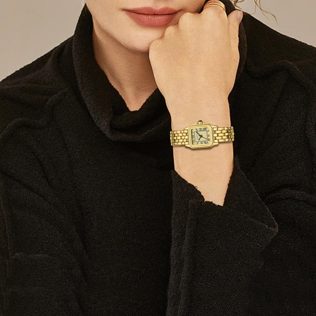 CHEETAH Gold Watches for Women with Small Vintage Bracelet, Rectangular Case Roman Dial