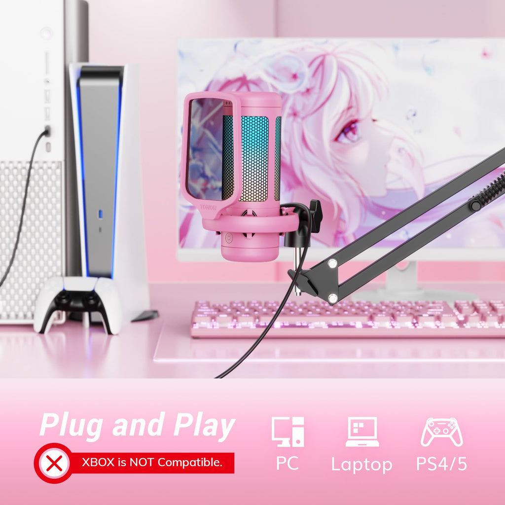 TONOR Gaming Microphone Set with Boom Arm, Vocal Condenser Microphone for PC with Stand, USB Mic with controllable RGB Light, One Tap Mute, Volume Control, for Discord, Twitch Streaming, TC310+
