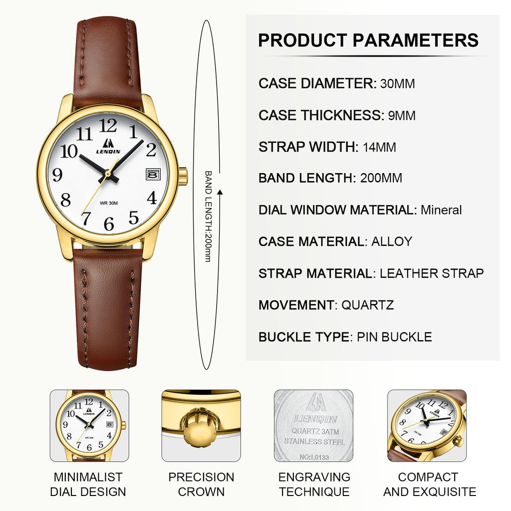 LN LENQIN Ladies Watches Analog Quartz Watch for Women Waterproof Women's Wrist Watches Easy Reader Womens Watch with Leather Strap