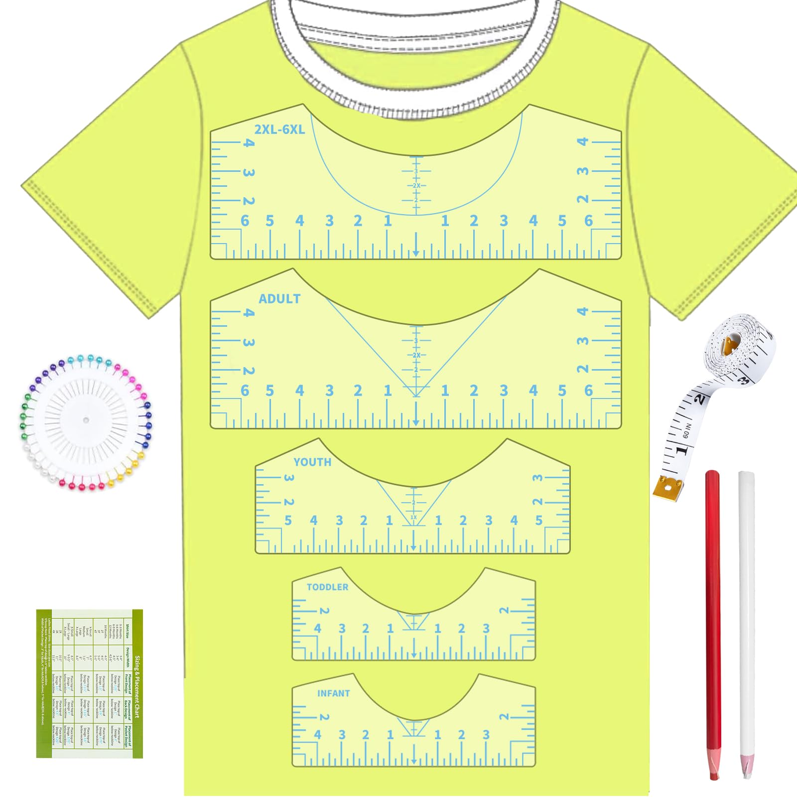 9Pcs Tshirt-Ruler Guide to Center Vinyl, Transparent V-Neck/Round PVC Ruler for Alignment, Heat Press, Children Youth Adult, Front and Back Measurement (10in)