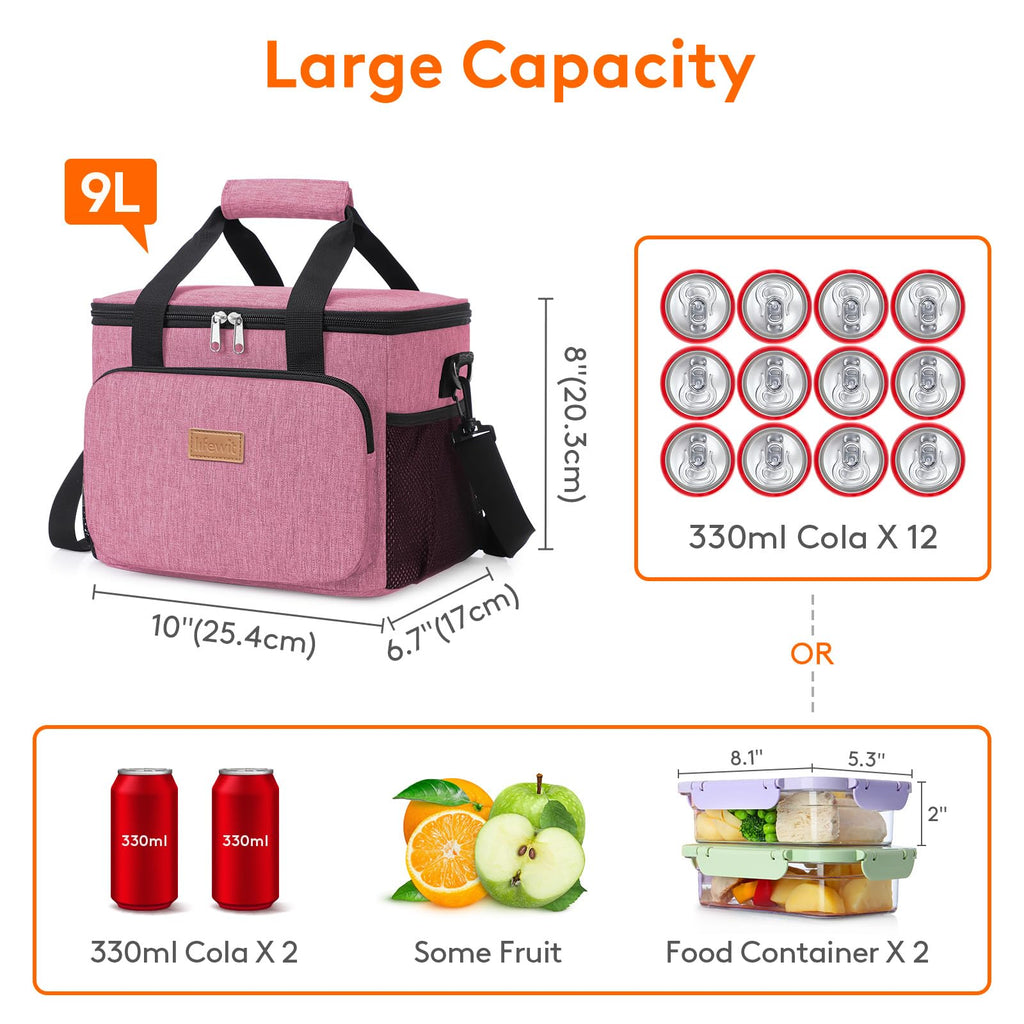 Lifewit Medium Lunch Bag, Insulated Lunch Box, Soft Cooler Cooling Tote for Adult Men Women, Black 12-Can (9L)
