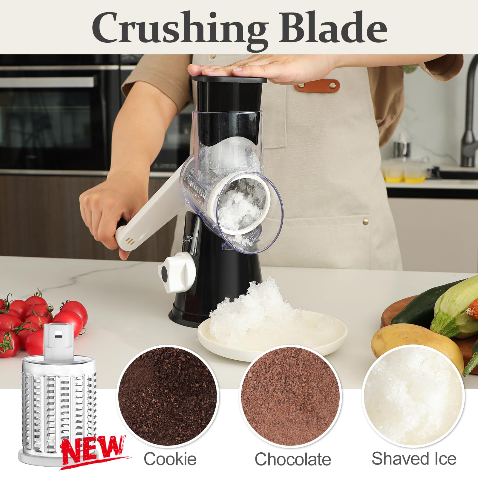 Cambom Rotary Cheese Grater Hand Crank Cheese Shredder for Fresh Cheese, Vegetable, Nuts,Non-slip Suction Base, Three Blades, Black