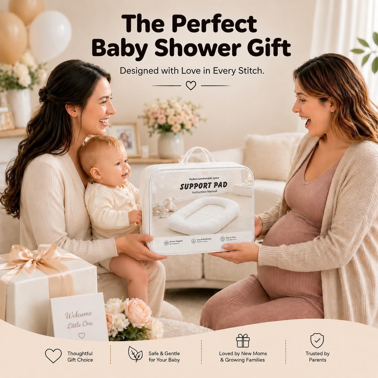 Baby Lounger for Newborns 0-24 Months - Baby Essentials | Soft Breathable Cotton Infant Support Cushion for Tummy Time & Play, Portable Infant Lounger - Cloud White (Cover Included)