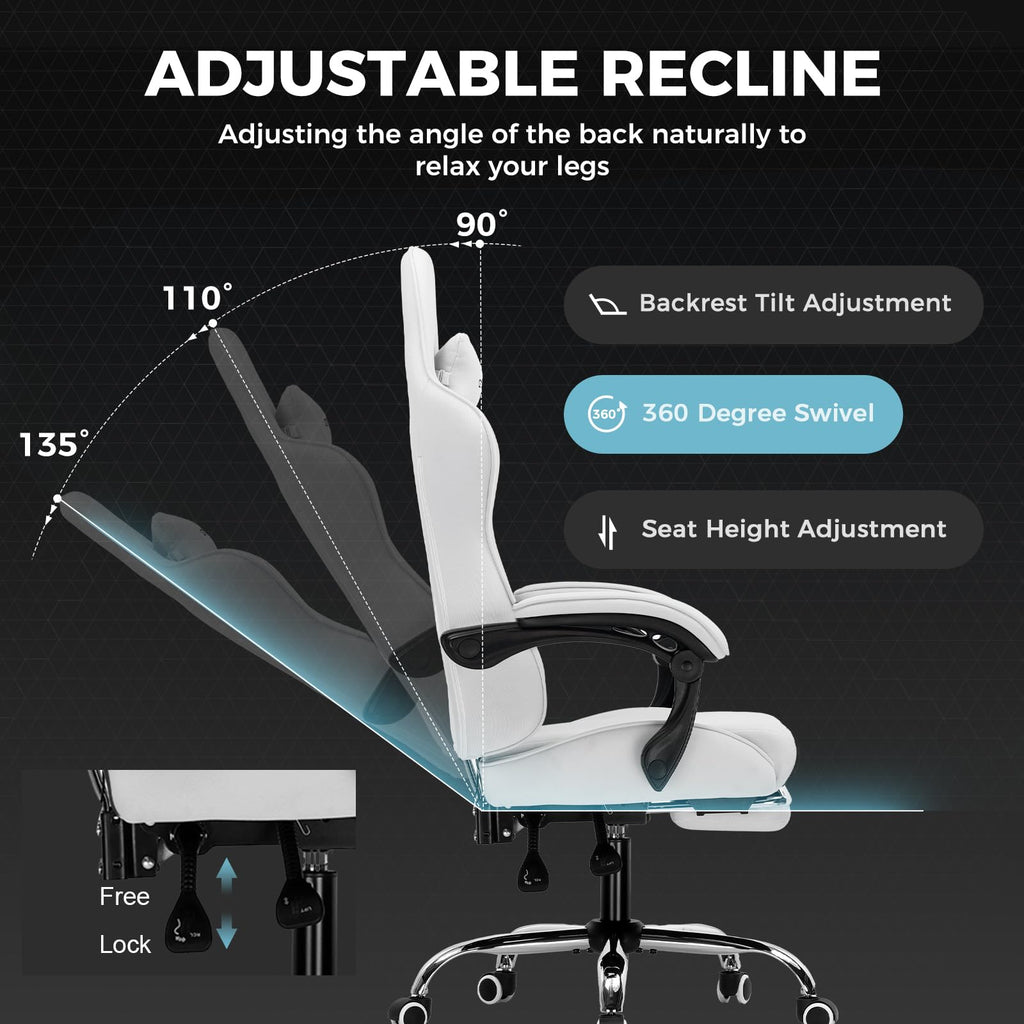 GTPLAYER Gaming Chair, Computer Chair with Footrest and Lumbar Support, Height Adjustable Game Chair with 360°-Swivel Seat and Headrest and for Office or Gaming (Pearl White)