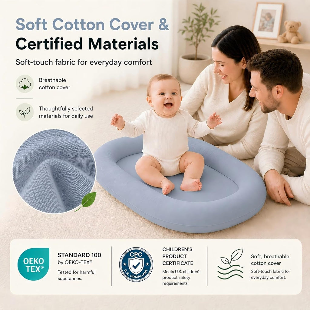 Baby Lounger for Newborns 0-24 Months - Baby Essentials | Soft Breathable Cotton Infant Support Cushion for Tummy Time & Play, Portable Infant Lounger - Cloud White (Cover Included)