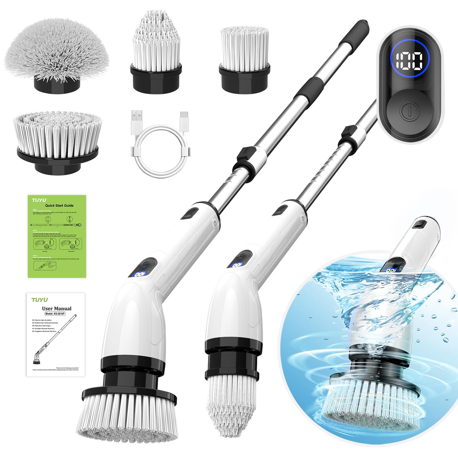 TUYU Electric Spin Scrubber,IPX7 Full-Body Waterproof Cordless Cleaning Tool, LCD Battery Indicator, Adjustable Extension Handle, 90-Minute Runtime for Bathroom, Kitchen, Glass, Car