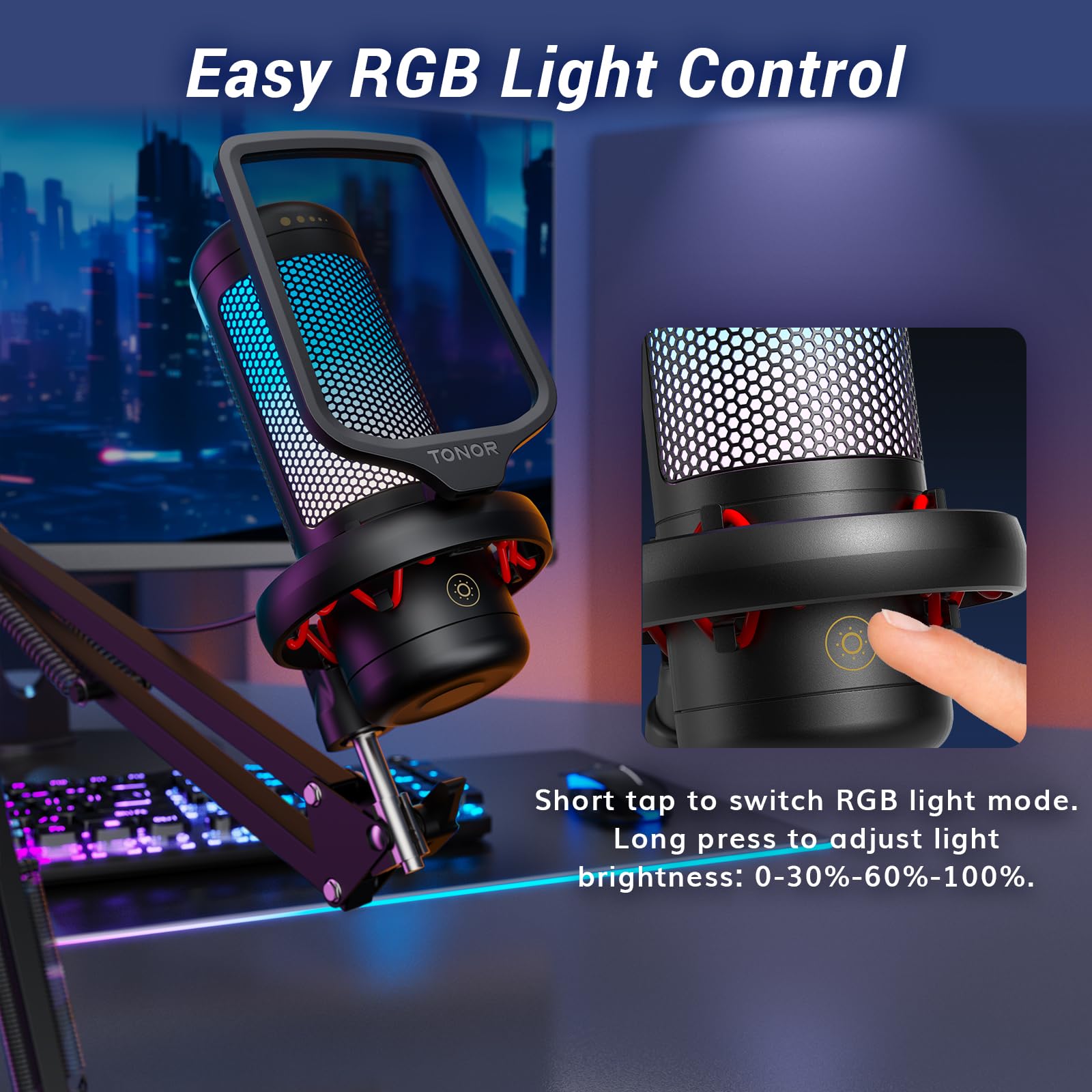 TONOR Gaming Microphone Set with Boom Arm, Vocal Condenser Microphone for PC with Stand, USB Mic with controllable RGB Light, One Tap Mute, Volume Control, for Discord, Twitch Streaming, TC310+