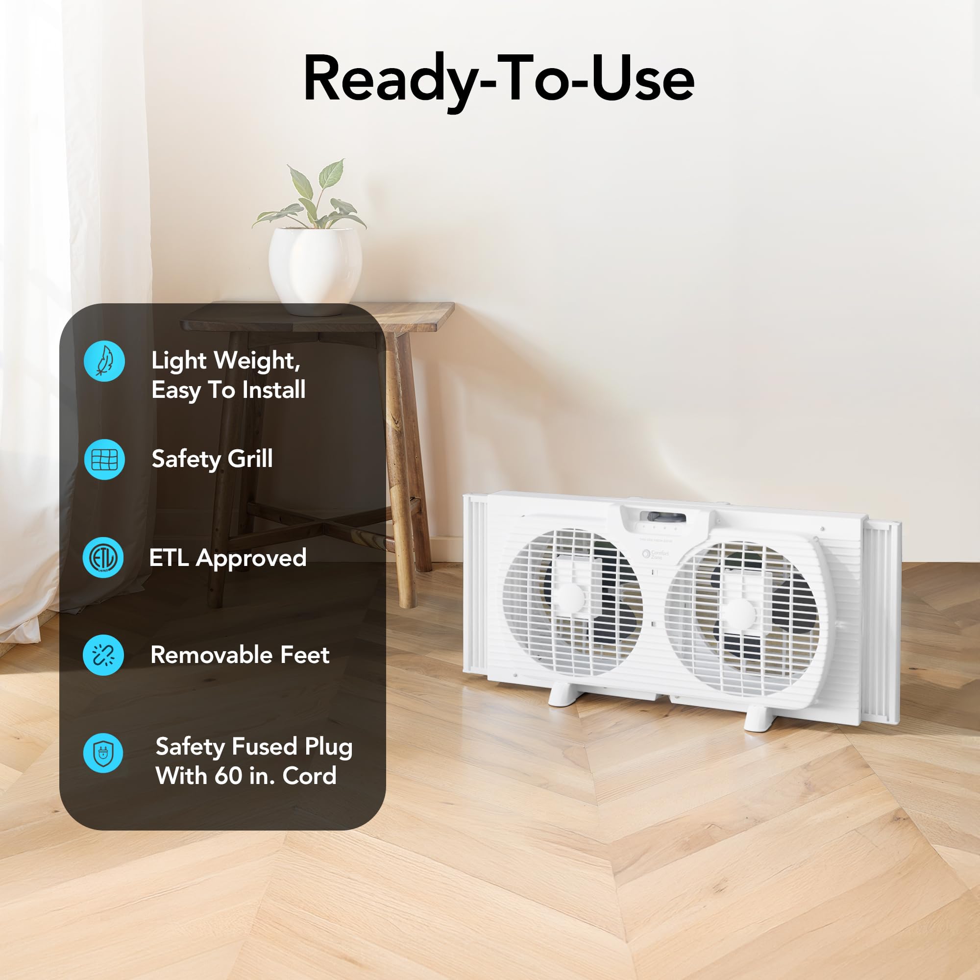 Comfort Zone Twin Window Fan with Reversible Airflow Control, 9 inch, Auto-Locking Expanders, 2 Speed Fan, Dual Fan, Exhaust, Airflow 9.84 ft/sec, Ideal for Home, Kitchen, Bedroom & Office, CZ319WT