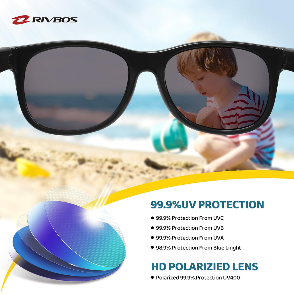 RIVBOS Kids Sunglasses Polarized UV Protection Flexible Rubber Glasses Shades with Strap for Boys Girls RBK004