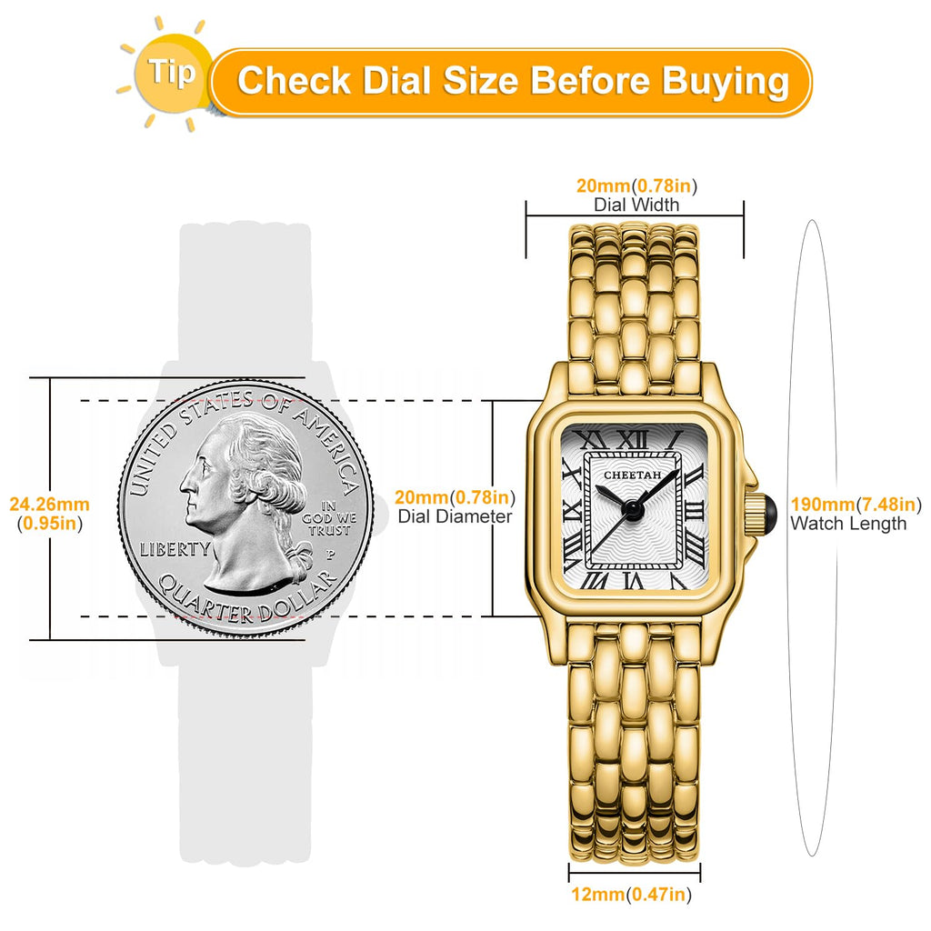CHEETAH Gold Watches for Women with Small Vintage Bracelet, Rectangular Case Roman Dial
