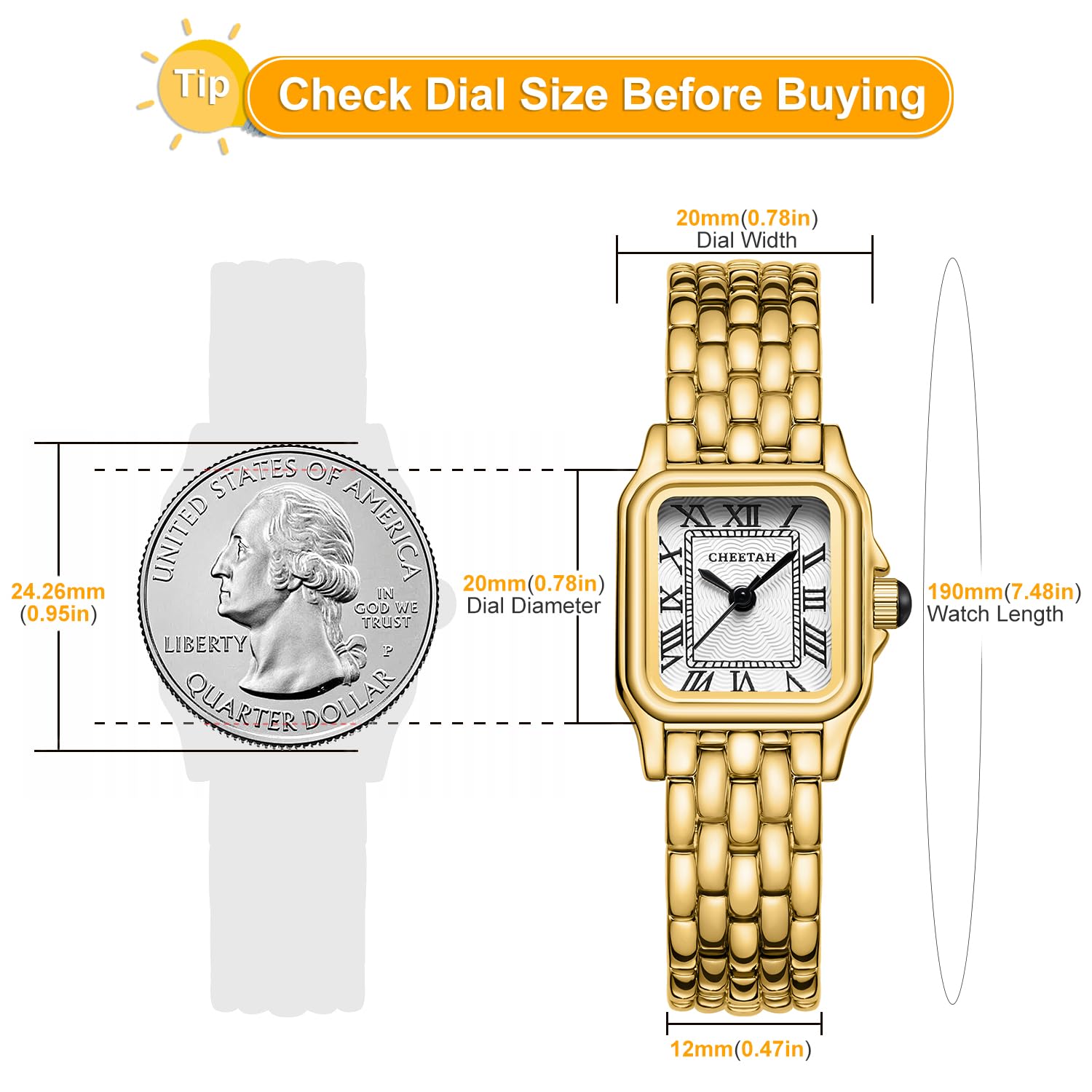 CHEETAH Gold Watches for Women with Small Vintage Bracelet, Rectangular Case Roman Dial