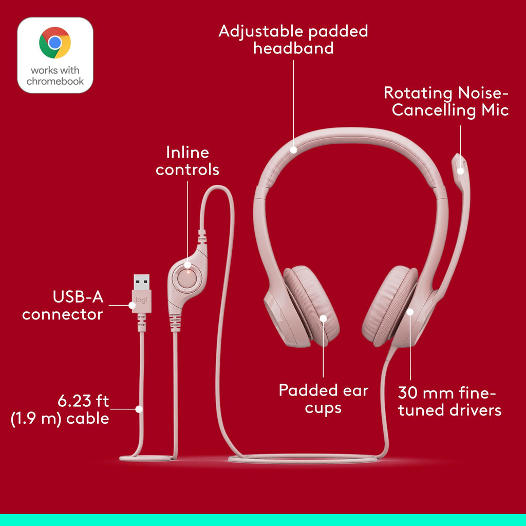 Logitech H390 Wired Headset for PC/Laptop, Stereo Headphones with Noise Cancelling Microphone, USB-A, in-Line Controls, Works with Chromebook - Black