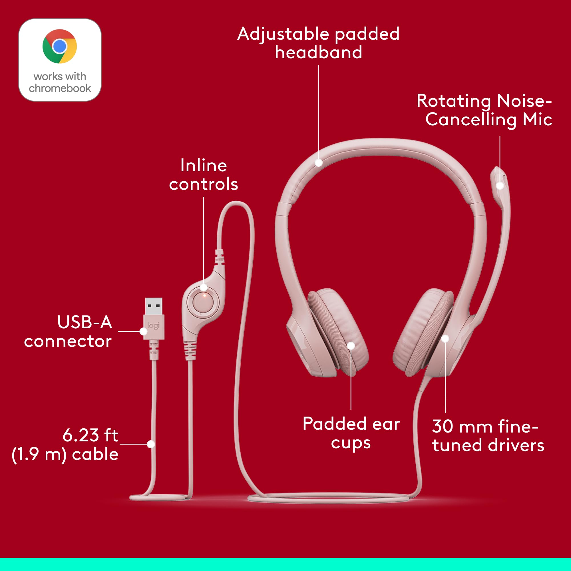Logitech H390 Wired Headset for PC/Laptop, Stereo Headphones with Noise Cancelling Microphone, USB-A, in-Line Controls, Works with Chromebook - Black