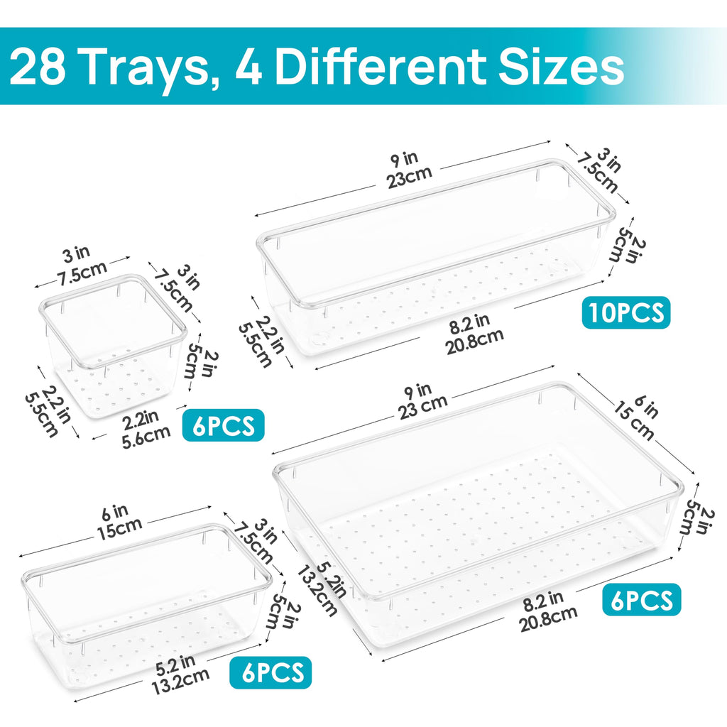 Vtopmart 25 PCS Clear Plastic Drawer Organizers Set, 4-Size Versatile Bathroom and Vanity Drawer Organizer Trays, Storage Bins for Makeup, Bedroom, Kitchen Gadgets Utensils and Office