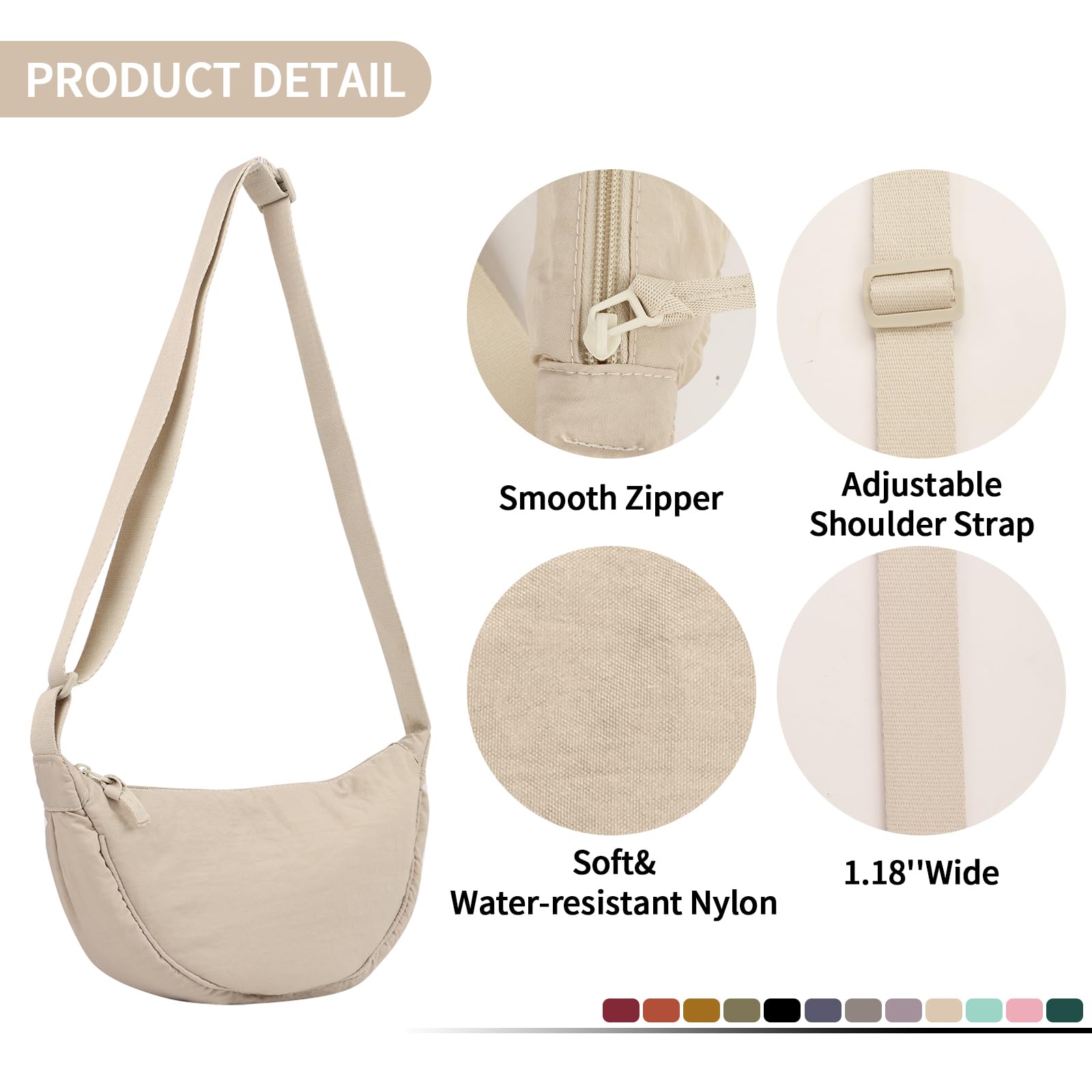 Nylon Crescent Crossbody Bag for Women Purses Trendy Men,Small Travel Sling Bag Hobo