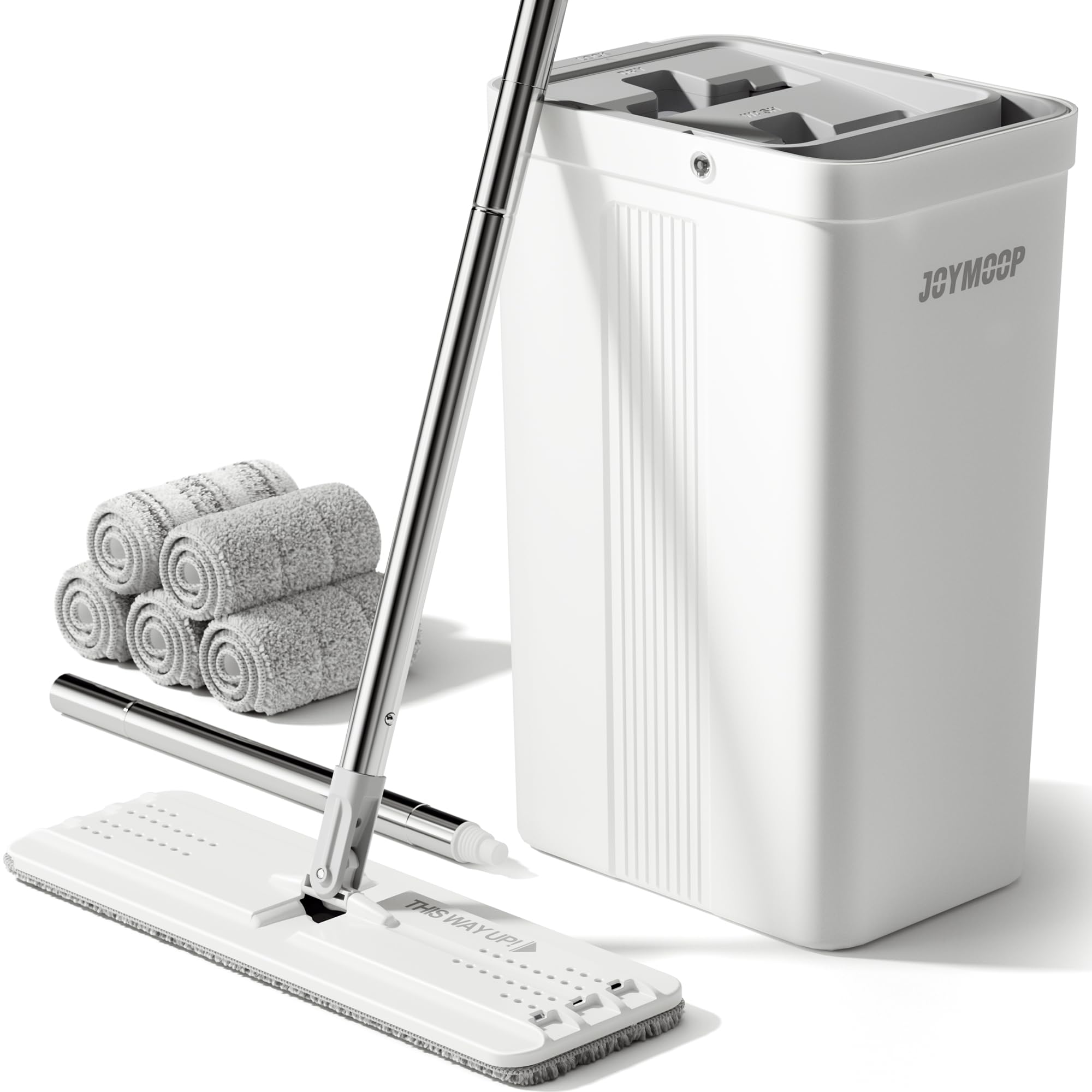 JOYMOOP Mop and Bucket Set, Hands-Free Flat Floor Mop with 3 Washable Microfiber Pads, Wet and Dry Use, Ideal for Home and Commercial Floor Cleaning