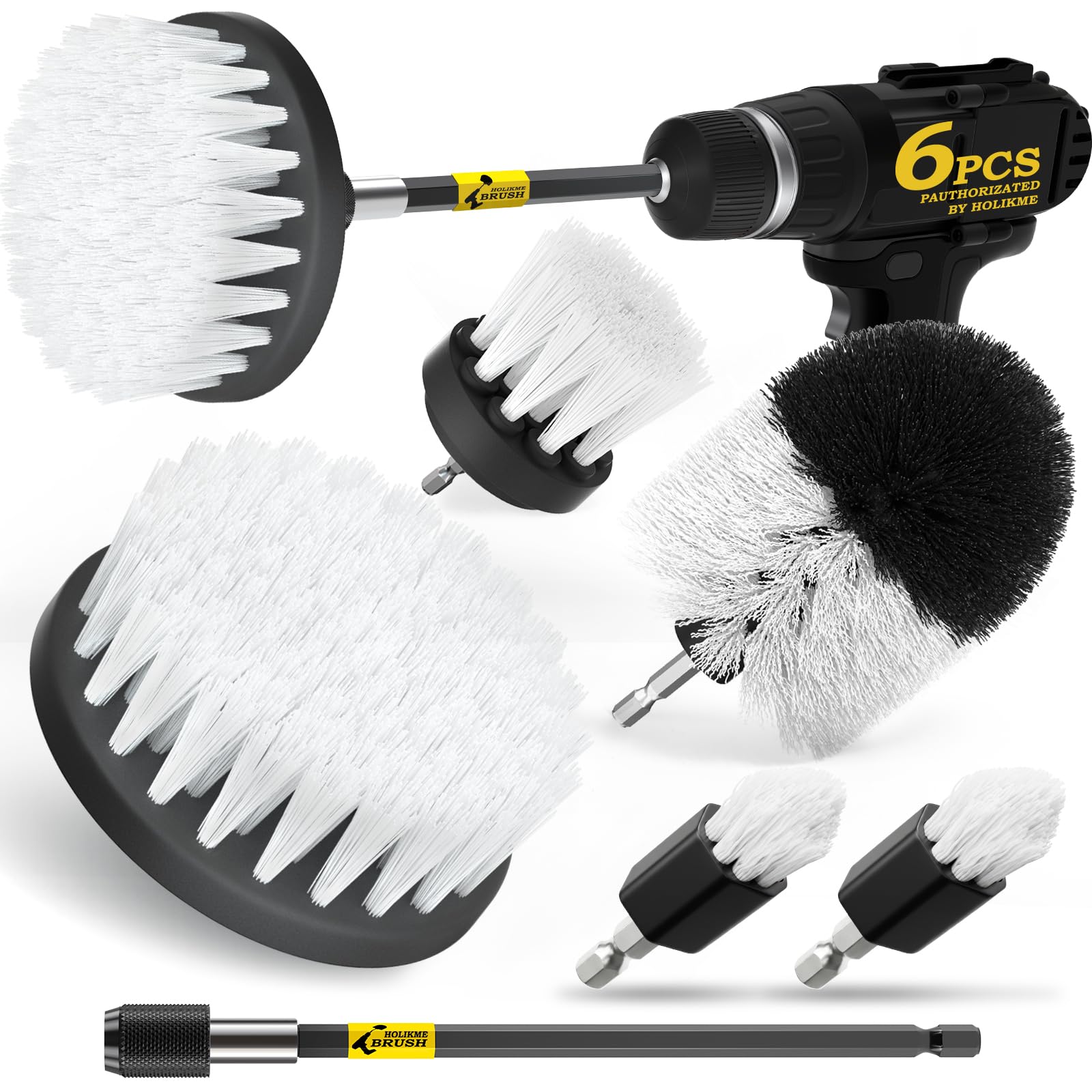 Holikme 6Pack Drill Brush Power Scrubber Cleaning Brush Extended Long Attachment Set All Purpose Drill Scrub Brushes Kit for Grout, Floor, Tub, Bathroom and Kitchen Surface,Scratch Brushes（Yellow）