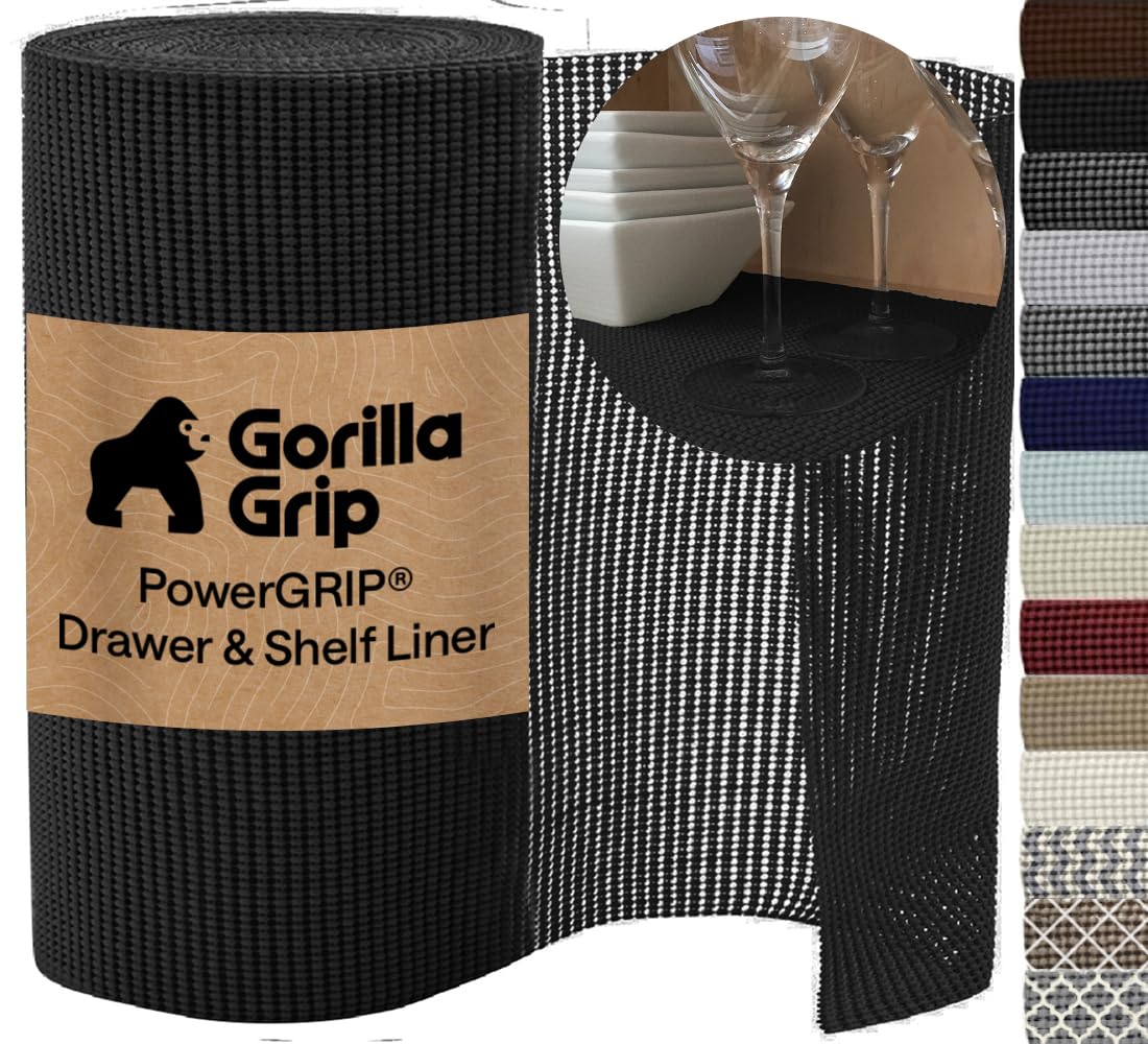 GORILLA GRIP powerGRIP Drawer Shelf and Cabinet Liner, Thick Strong Hold, Non-Adhesive Liners Protect Kitchen Cabinets and Cupboard, Bathroom Drawers, Easy Install Mat, 12" x20', Beige