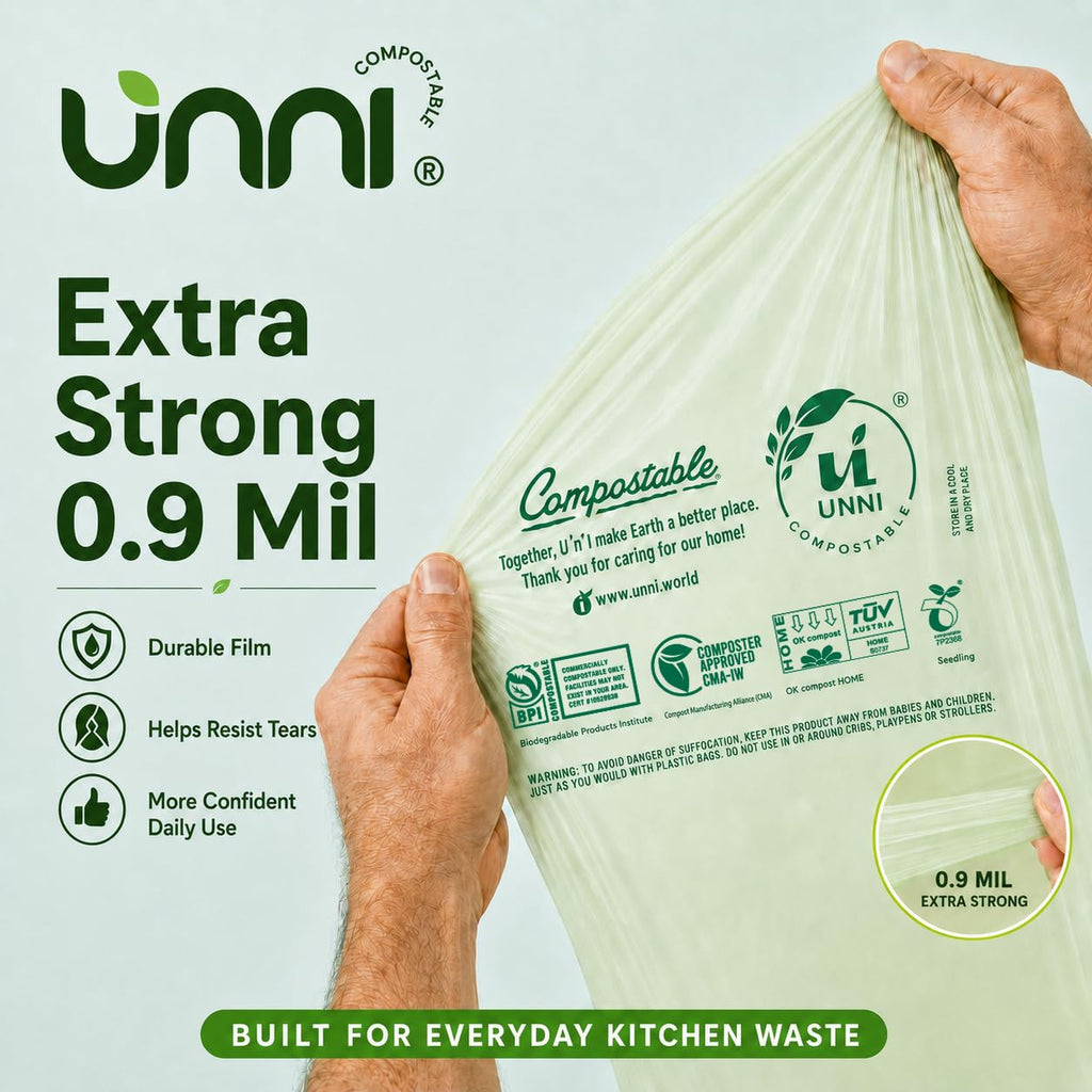 UNNI Compostable Trash Bags, 2.6 Gallon / 9.84 Liter, 100 Count, Extra Thick 0.71 Mil Small Kitchen Food Scrap Bin Liners, Certified by BPI, CMA & OK compost HOME, Meets the ASTM D6400 Standard