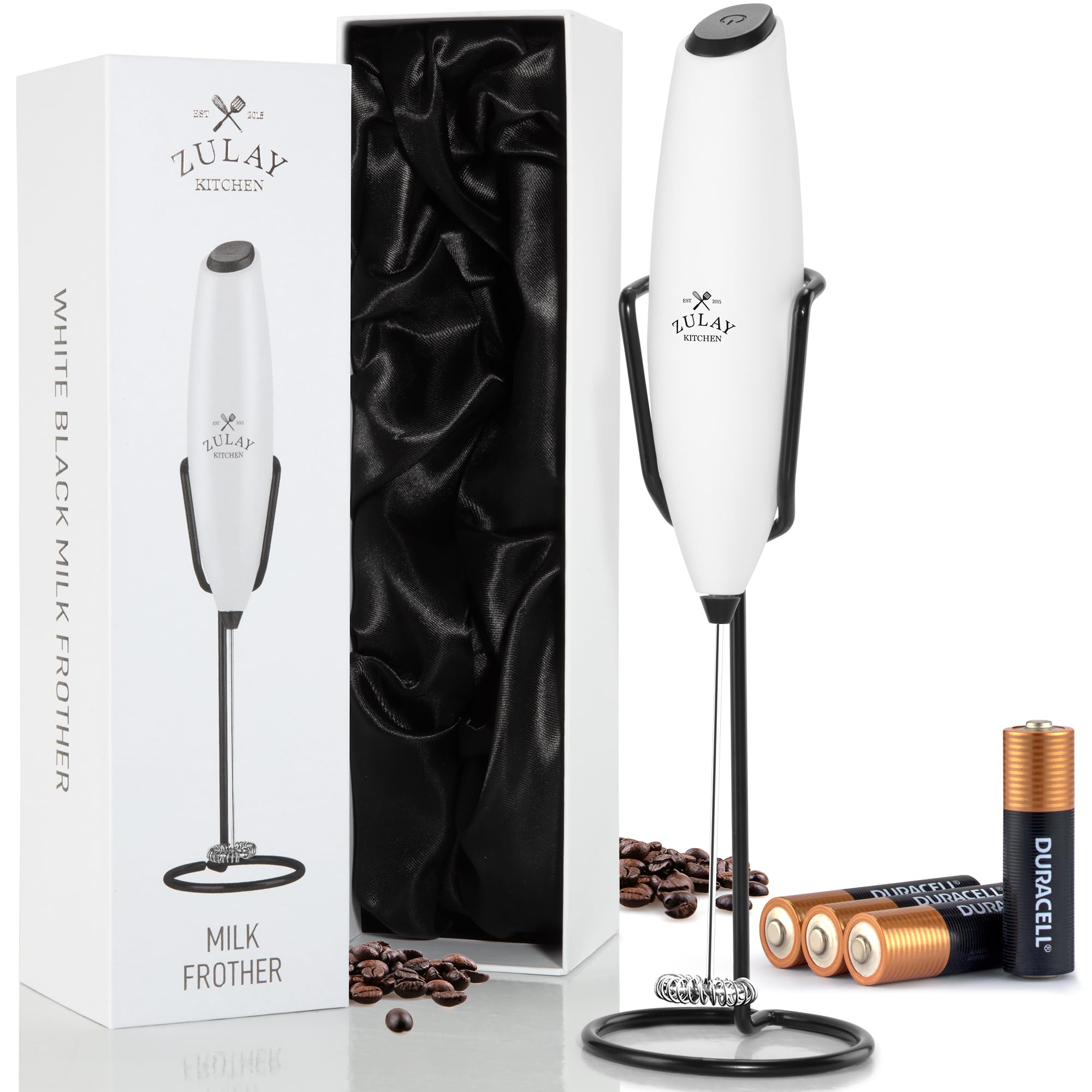 Zulay Kitchen Powerful Milk Frother Wand With Duracell Batteries - Ultra Fast Handheld Drink Mixer - Electric Whisk Foam Maker for Coffee, Lattes, Cappuccino & Matcha - Z1 Motor - Black