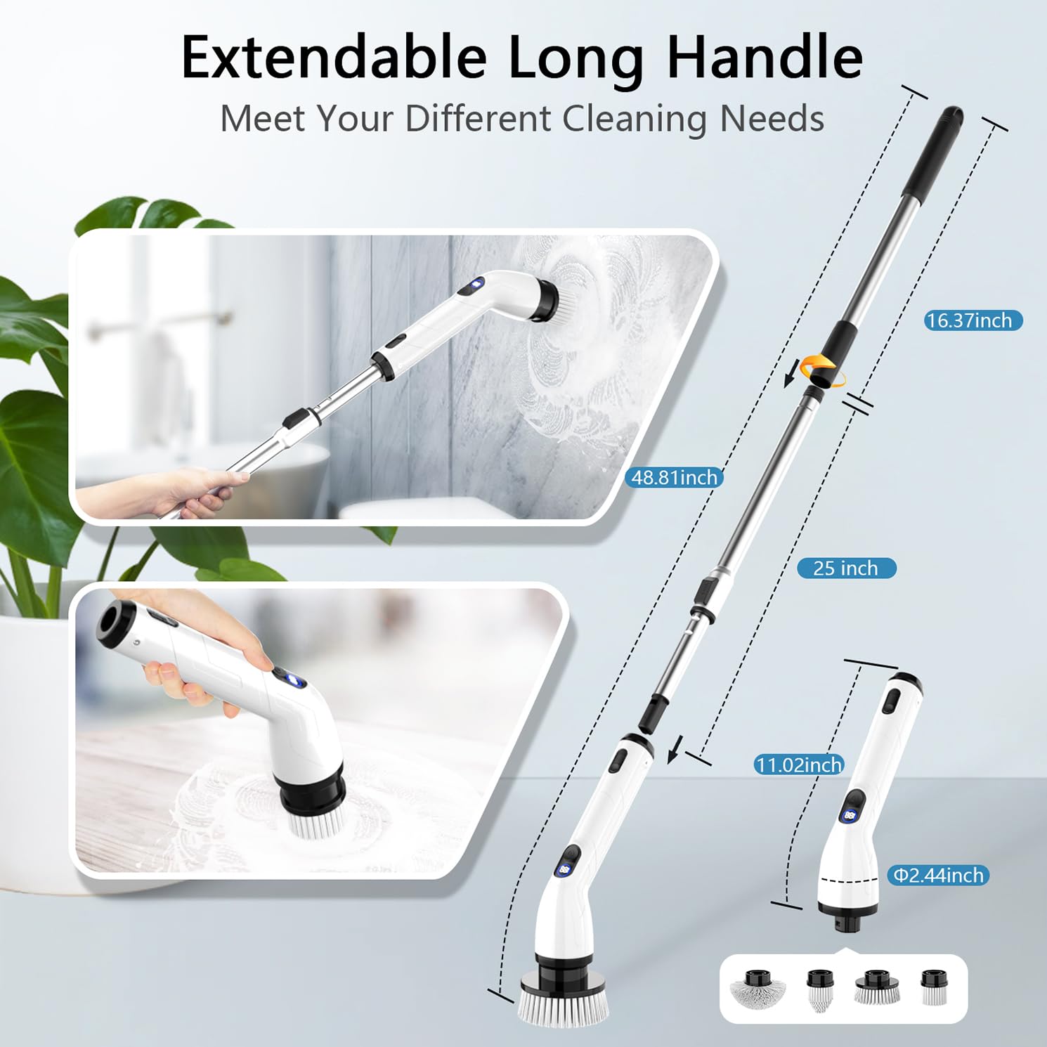 TUYU Electric Spin Scrubber,IPX7 Full-Body Waterproof Cordless Cleaning Tool, LCD Battery Indicator, Adjustable Extension Handle, 90-Minute Runtime for Bathroom, Kitchen, Glass, Car