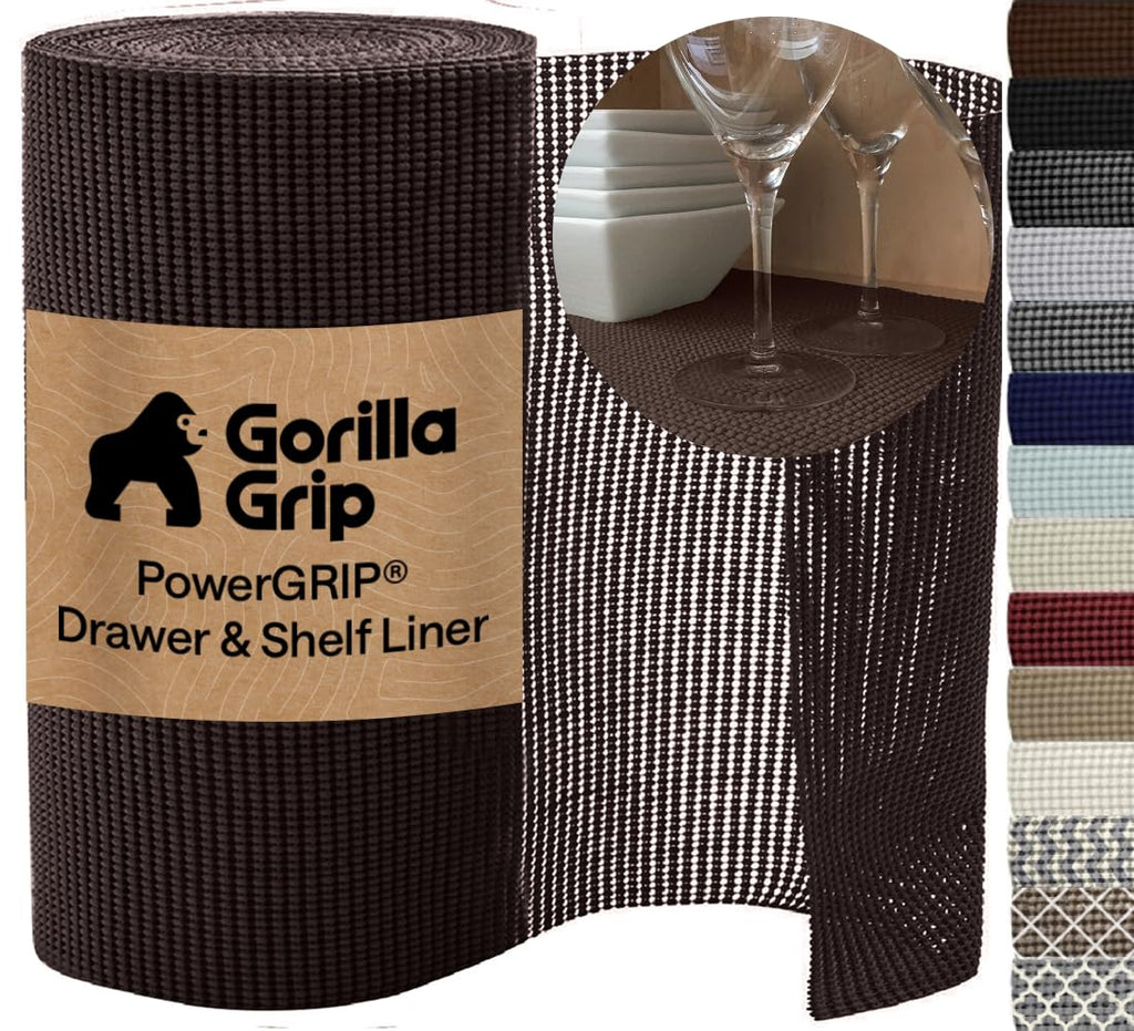 GORILLA GRIP powerGRIP Drawer Shelf and Cabinet Liner, Thick Strong Hold, Non-Adhesive Liners Protect Kitchen Cabinets and Cupboard, Bathroom Drawers, Easy Install Mat, 12" x20', Beige