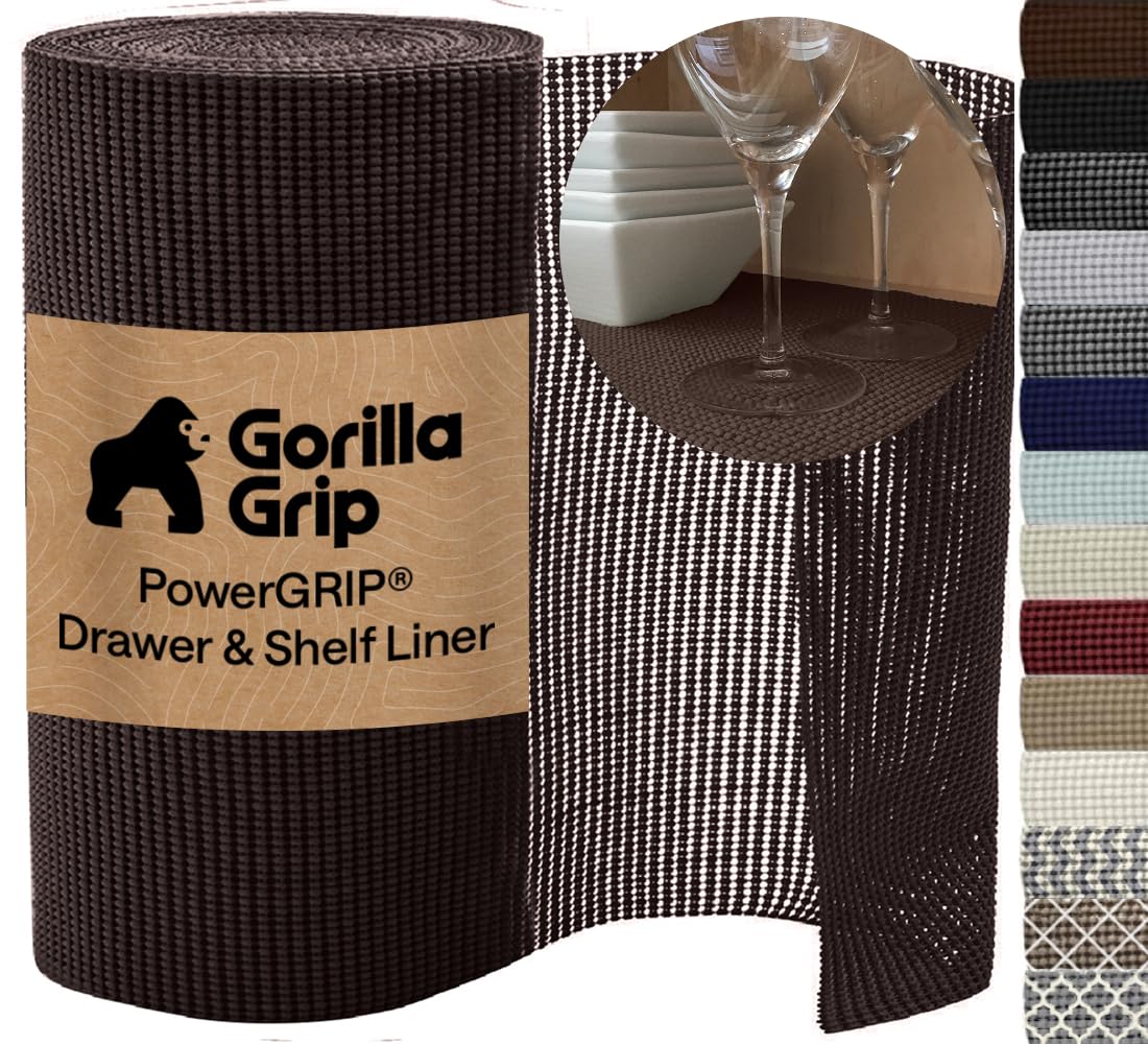 GORILLA GRIP powerGRIP Drawer Shelf and Cabinet Liner, Thick Strong Hold, Non-Adhesive Liners Protect Kitchen Cabinets and Cupboard, Bathroom Drawers, Easy Install Mat, 12" x20', Beige