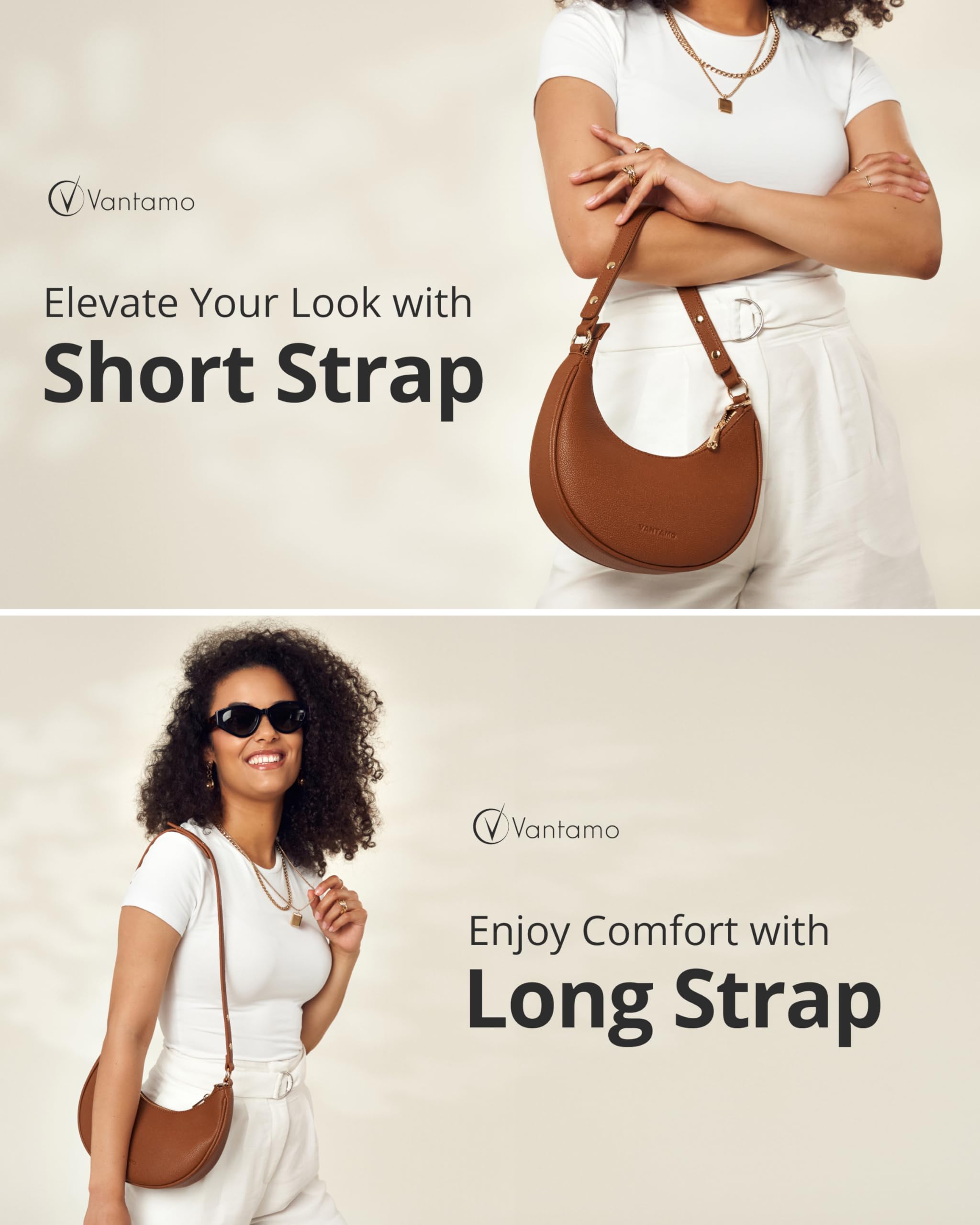 Vantamo Crescent Bags For Women with RFID Protection, Half Moon Clutch Purses for Women with Anti-Theft Clip for Extra Safety