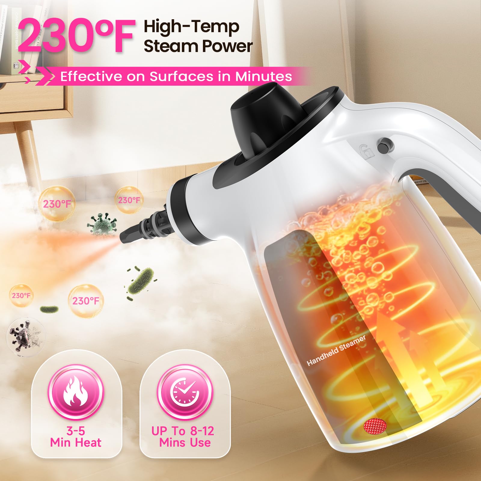 Steam Cleaner, Pressurized Handheld 13pcs Multi-Purpose Natural Deep Cleaning Steamer, Portable Steamer for Cleaning Home, Grout, Kitchen, Car, Window, Upholstery, Bathroom and Clothes, White