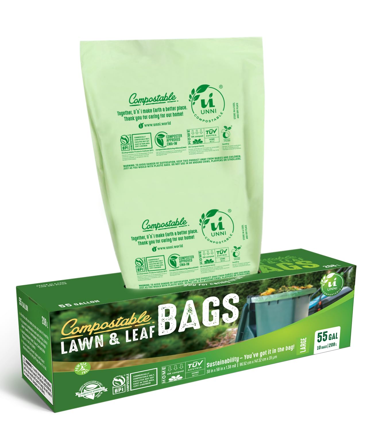 UNNI Compostable Trash Bags, 2.6 Gallon / 9.84 Liter, 100 Count, Extra Thick 0.71 Mil Small Kitchen Food Scrap Bin Liners, Certified by BPI, CMA & OK compost HOME, Meets the ASTM D6400 Standard