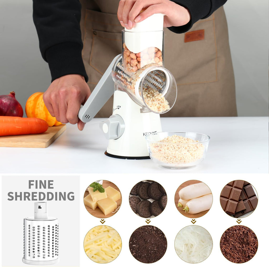 Cambom Rotary Cheese Grater Hand Crank Cheese Shredder for Fresh Cheese, Vegetable, Nuts,Non-slip Suction Base, Three Blades, Black