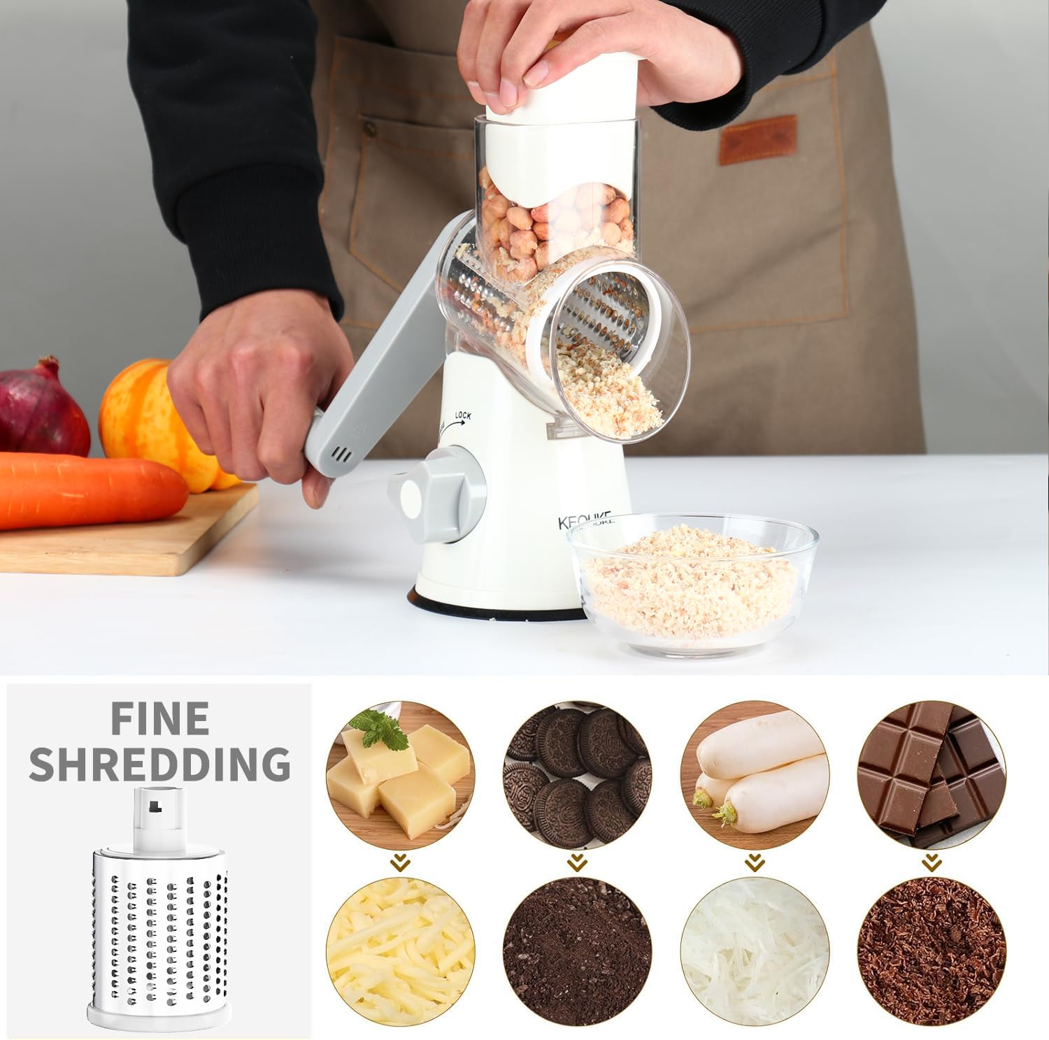 Cambom Rotary Cheese Grater Hand Crank Cheese Shredder for Fresh Cheese, Vegetable, Nuts,Non-slip Suction Base, Three Blades, Black